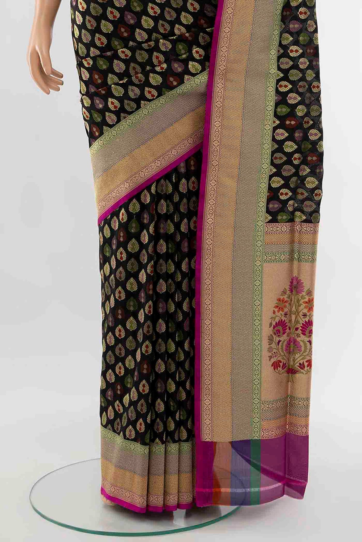 Pleats and pallu of Black Banarasi Silk Saree with Zari Butta on the body and Fancy Border