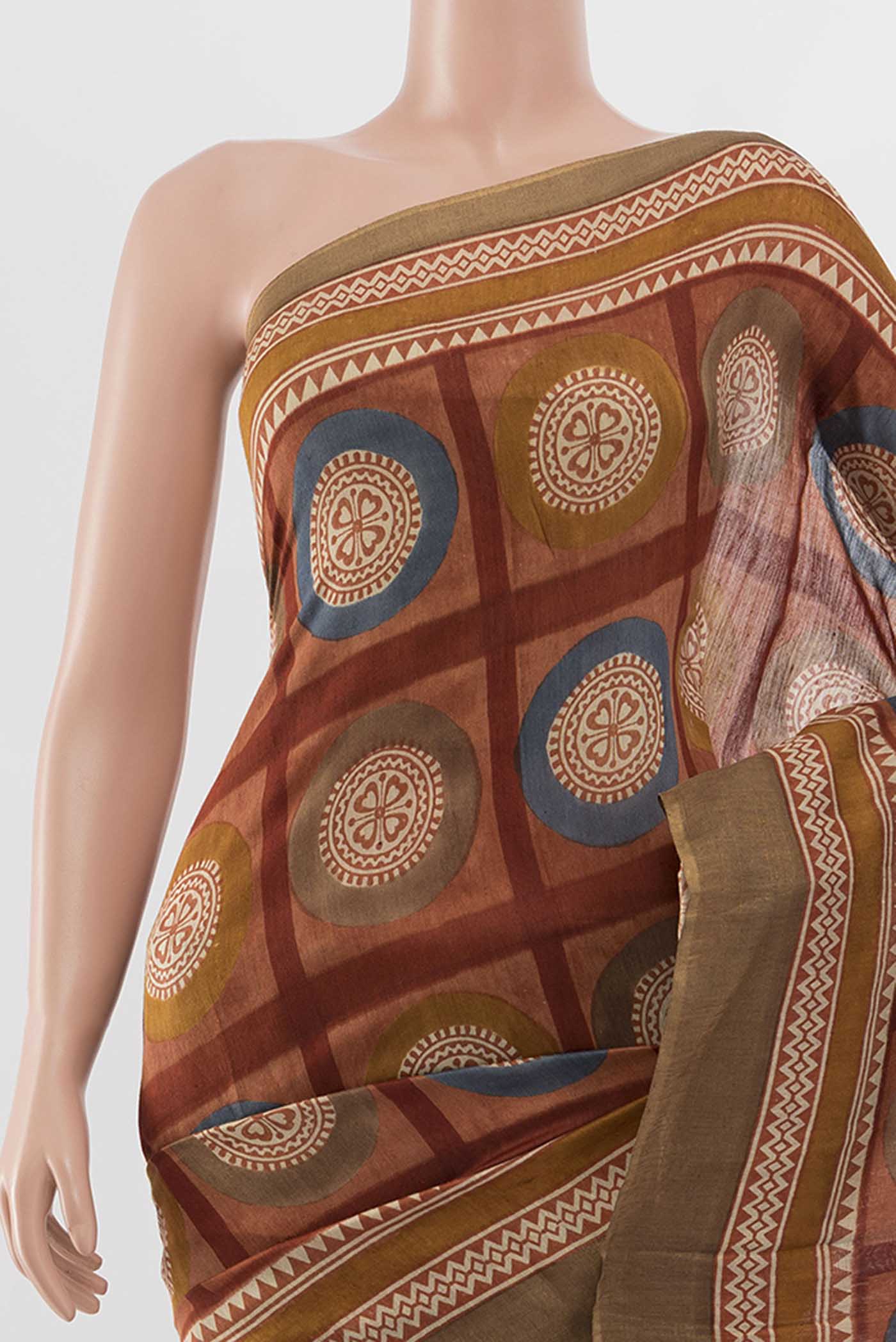 Border image of Beige Tussar Silk Saree with Floral Print on the body and Silk Border