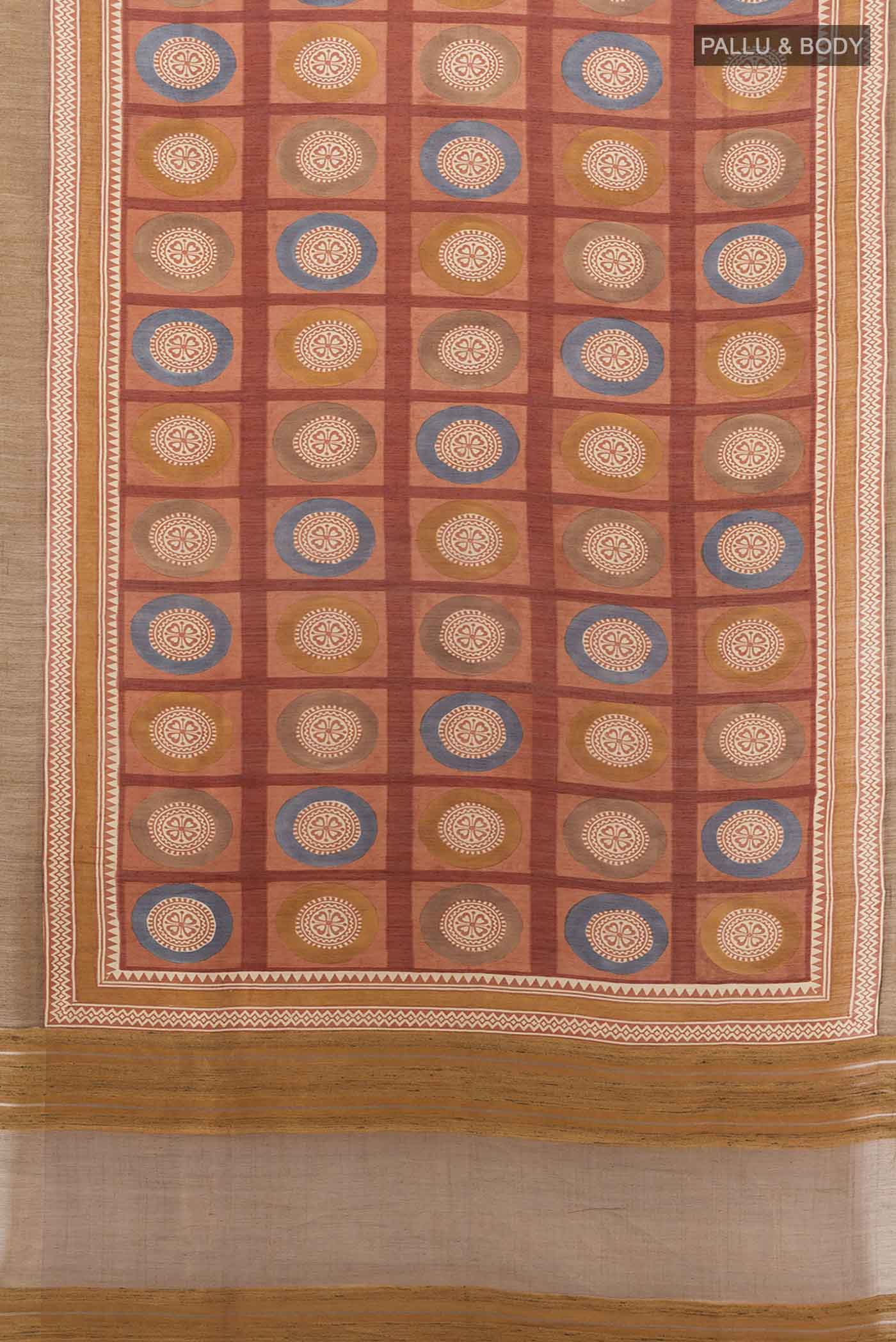 Flat view of Beige Tussar Silk Saree with Floral Print on the body and Silk Border