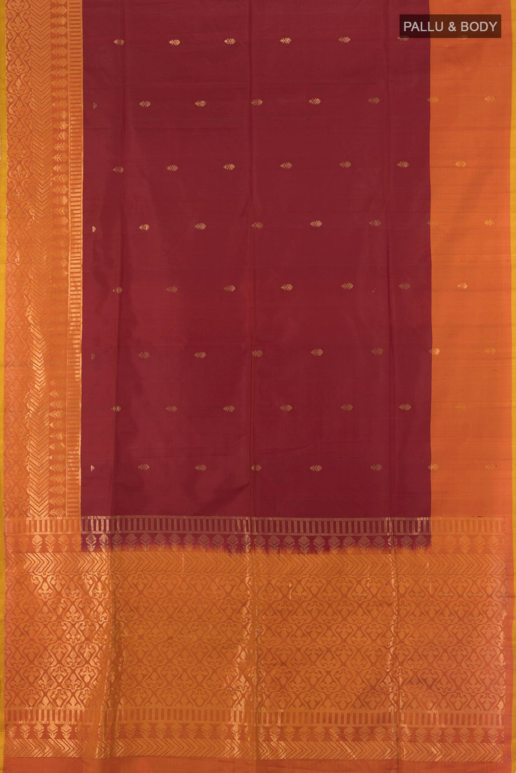 Flat view of Pure Silk Maroon Soft Saree with Zari Butta on the body and Fancy Border. 