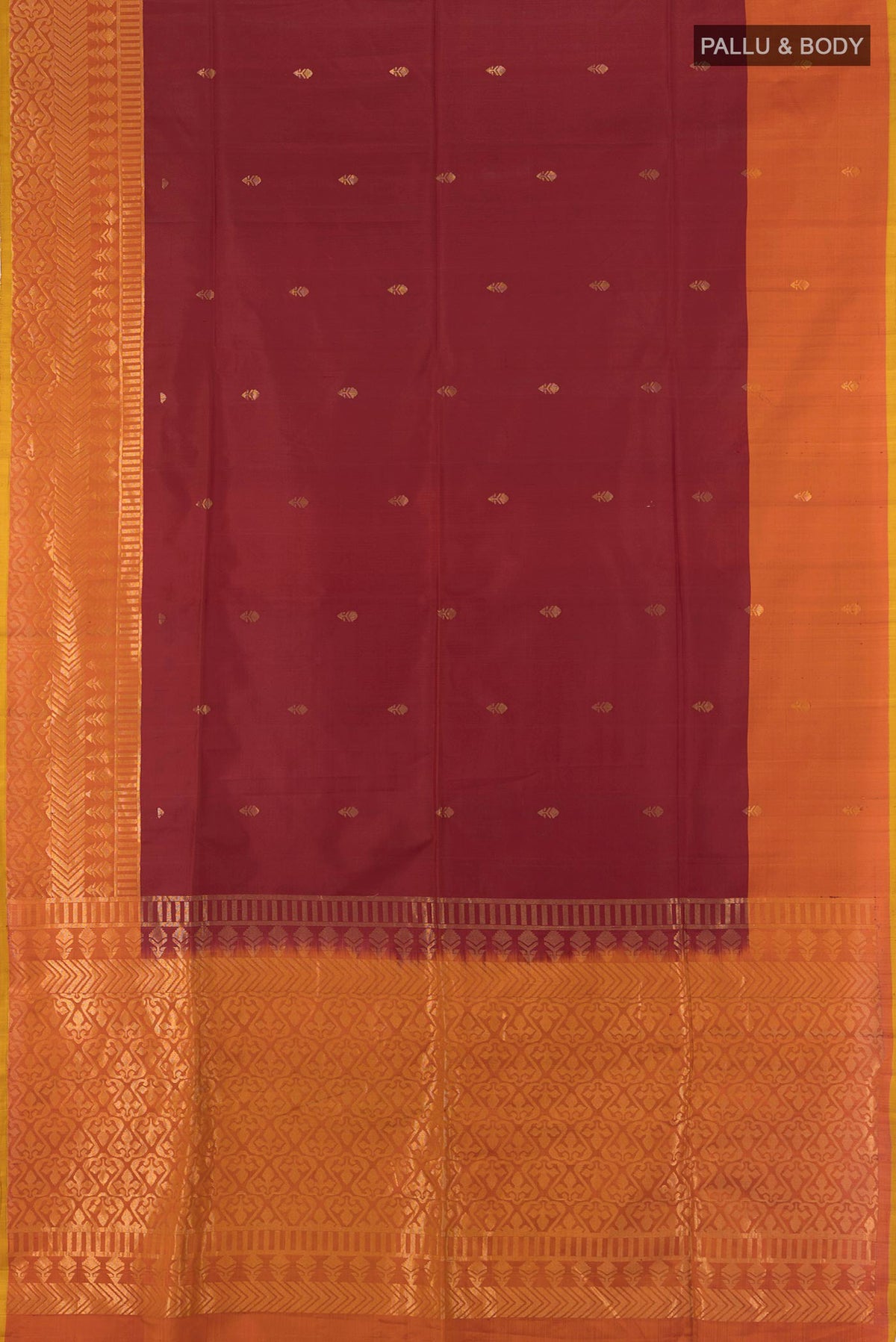 Flat view of Pure Silk Maroon Soft Saree with Zari Butta on the body and Fancy Border. 
