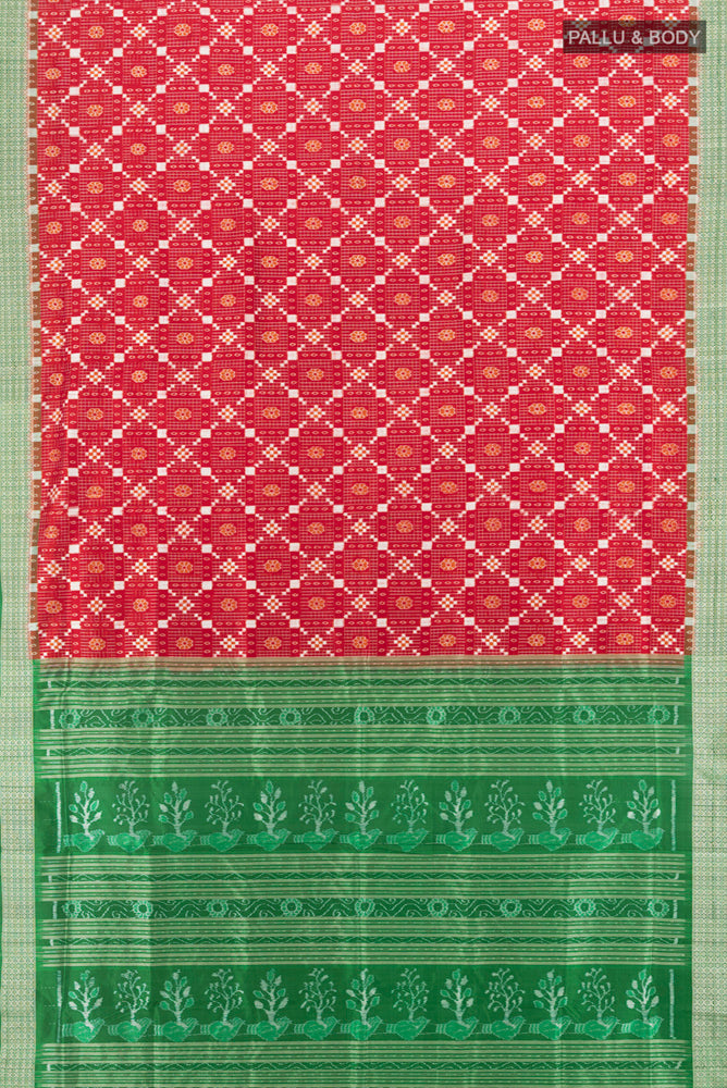 Flat view of Multi Color Orissa Silk Saree with Ikat Print on the body and Silk Border. 