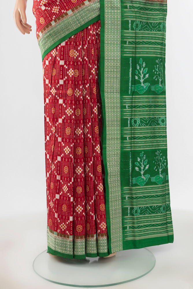 Pleats and pallu of Multi Color Orissa Silk Saree with Ikat Print on the body and Silk Border. 