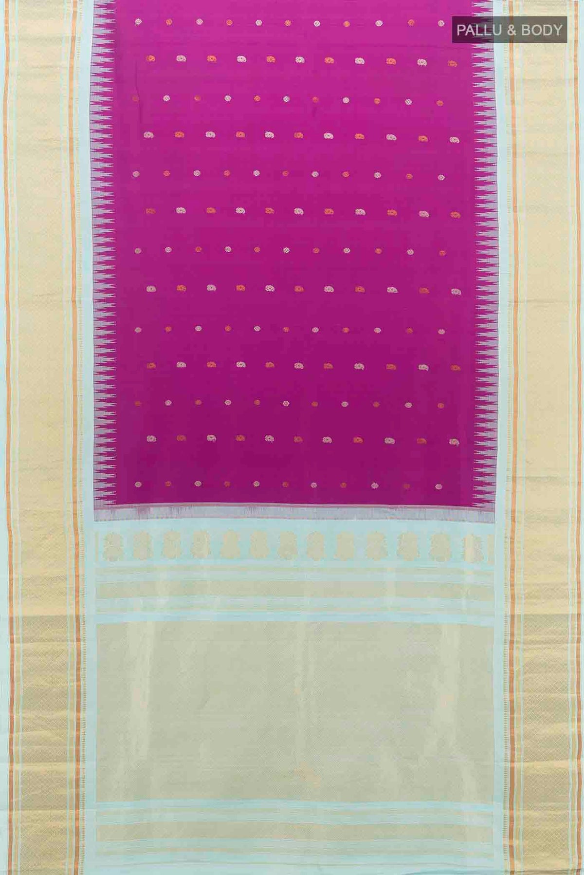 Flat view of Purple Gadwal Silk Saree with Zari Butta on the body and Silk Border
