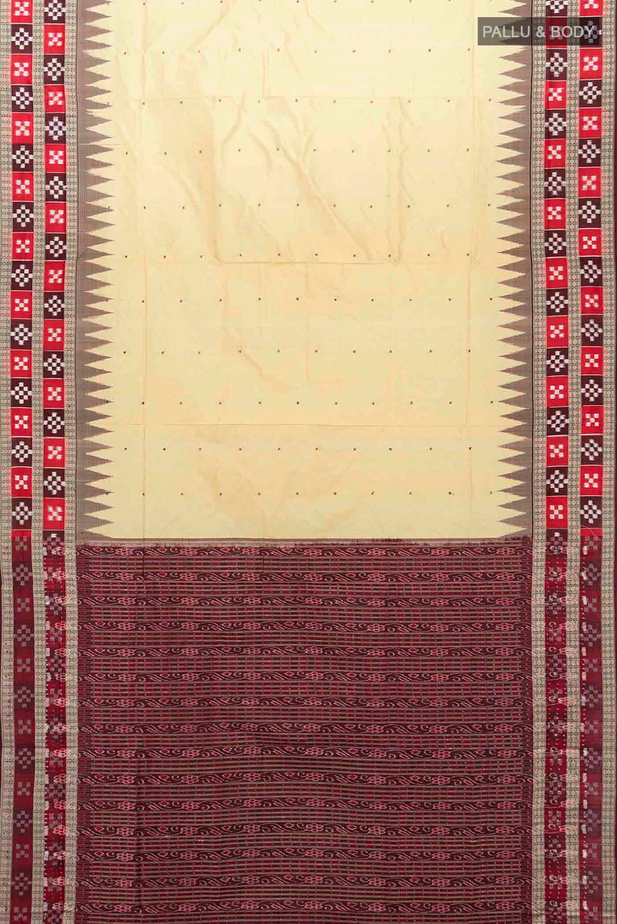 Flat view of Cream Assam Silk Saree with Jacquard With Thread Butta on the body and Silk Border