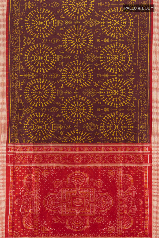 Flat view of Multi Color Orissa Silk Saree with Ikat Print on the body and Silk Border. 
