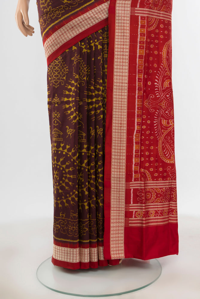 Pleats and pallu of Multi Color Orissa Silk Saree with Ikat Print on the body and Silk Border. 