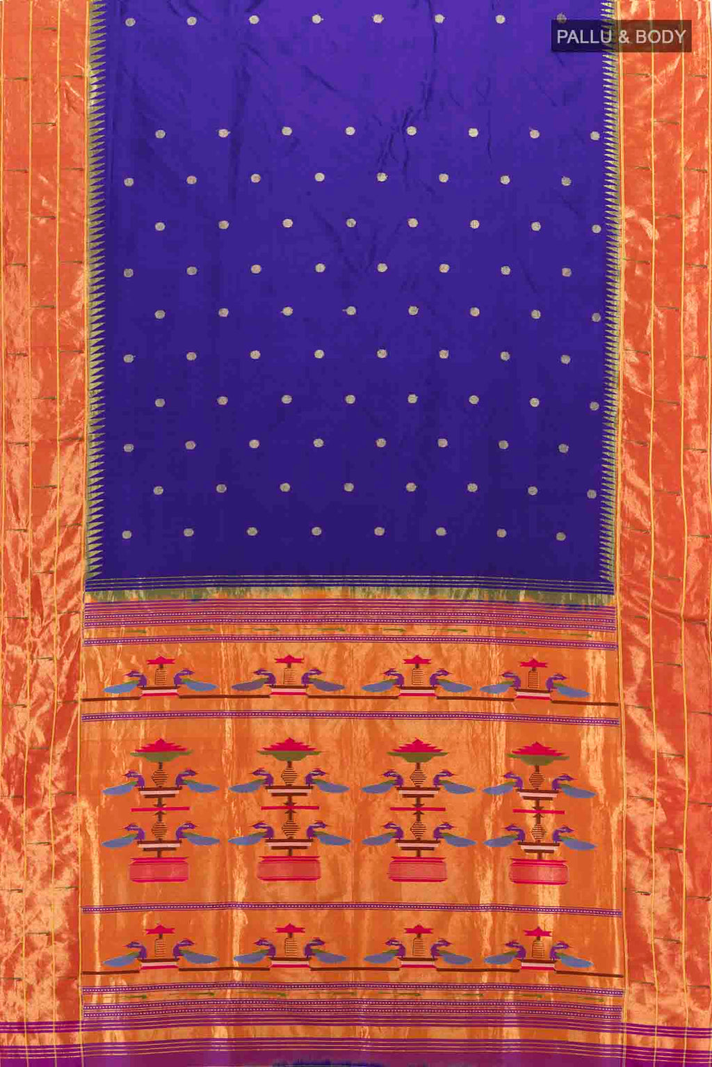 Flat view of Dark Blue Paithani Silk Saree with Zari Butta on the body and Silk Border