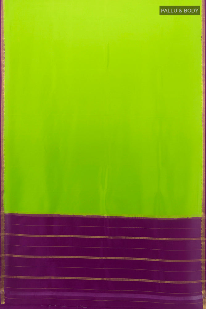 Flat view of Parrot Green Mysore Crepe Saree with Plain Body and Silk Border. 
