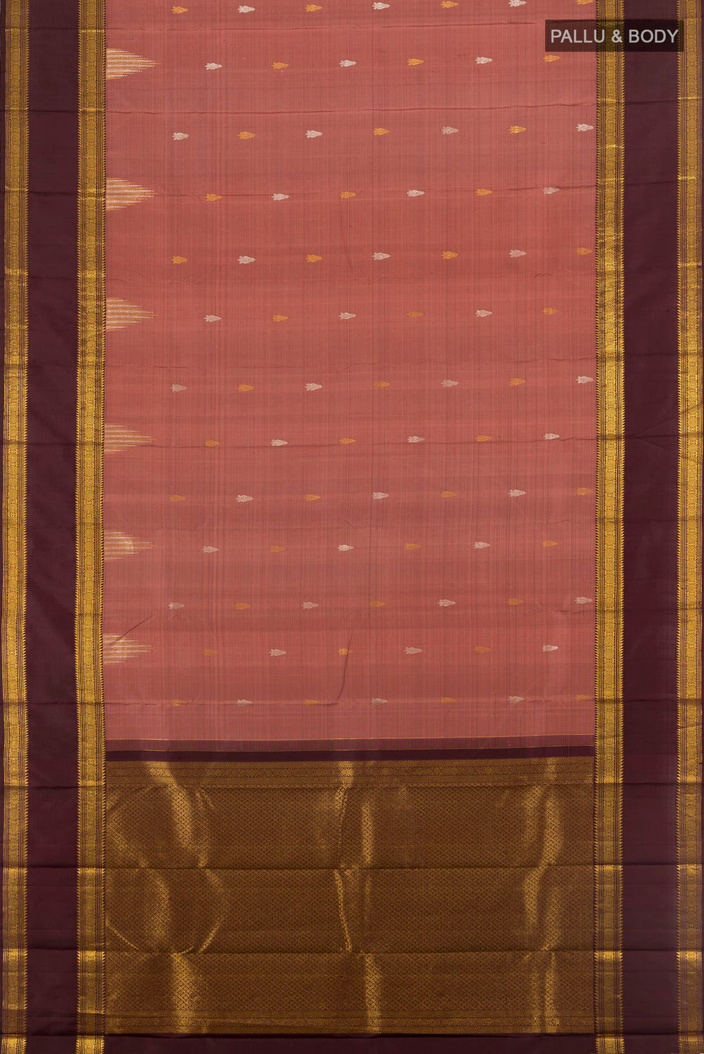 Flat view of Pure Silk Pure Zari Bronze Kanjivaram Saree with Zari Butta on the body and Silk Border. 