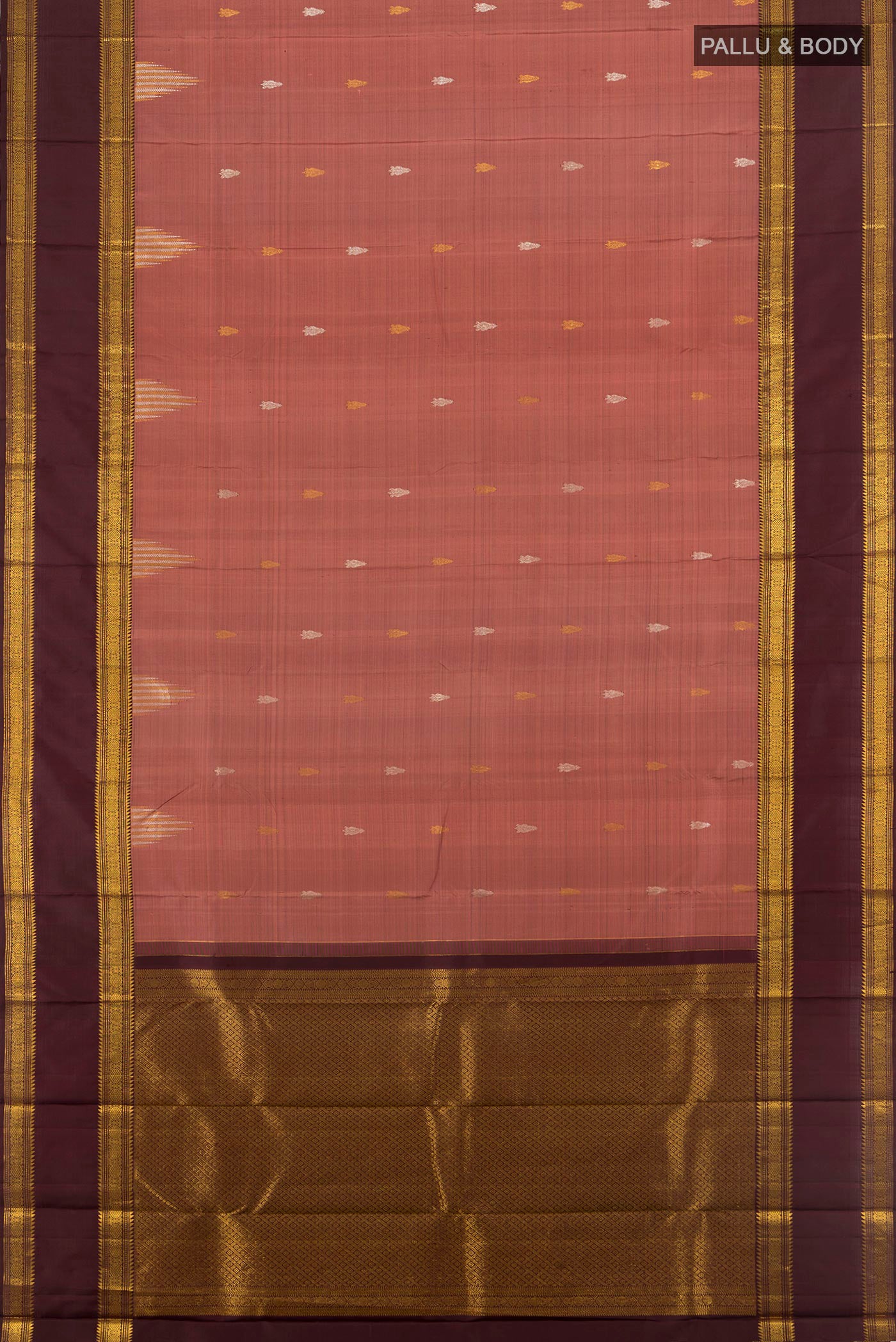 Flat view of Pure Silk Pure Zari Bronze Kanjivaram Saree with Zari Butta on the body and Silk Border. 