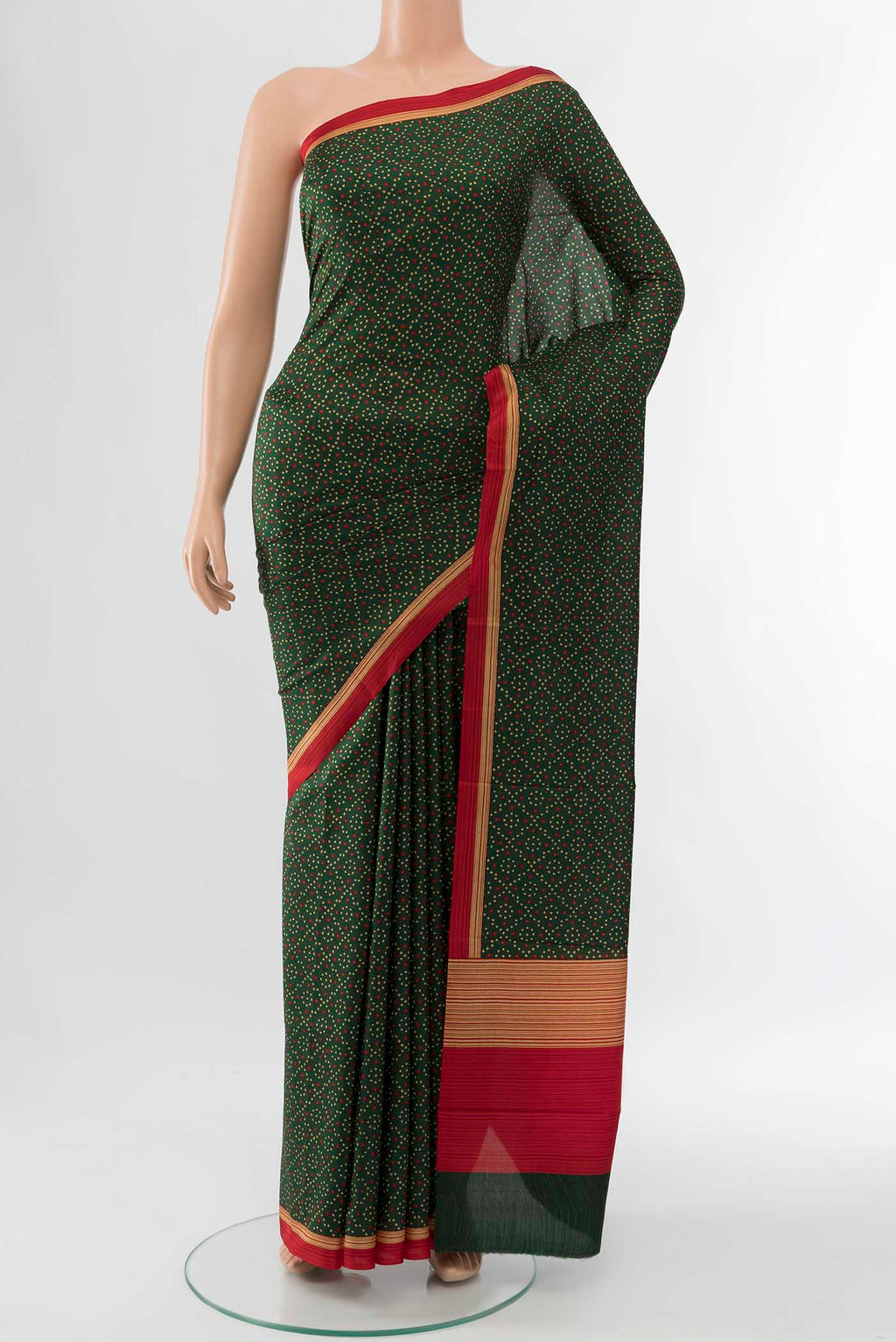 Bottle Green Printed Silk Saree with Floral Print on the body and Fancy Border displayed on a mannequin