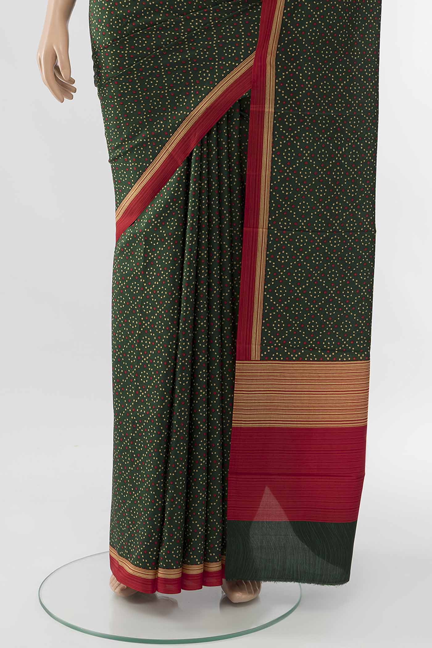 Pleats and pallu of Bottle Green Printed Silk Saree with Floral Print on the body and Fancy Border