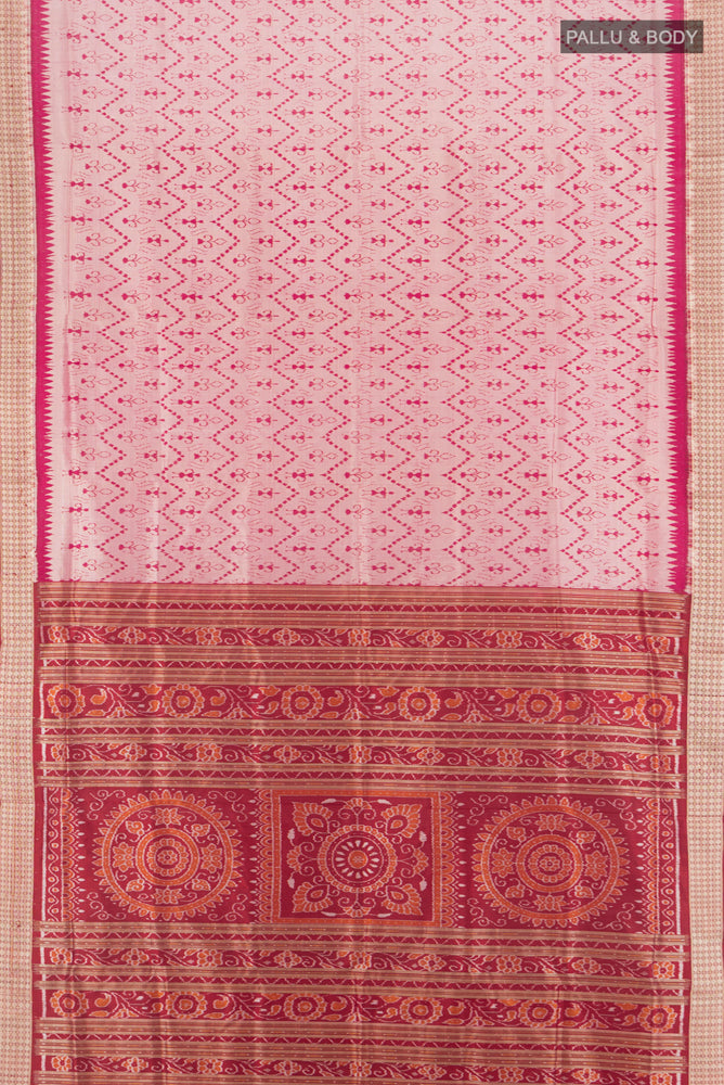 Flat view of Multi Color Orissa Silk Saree with Ikat Print on the body and Silk Border. 