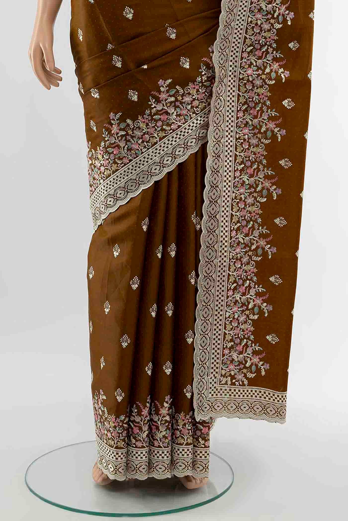 Pleats and pallu of Bronze Art Silk Saree with Embroidery on the body and Fancy Border