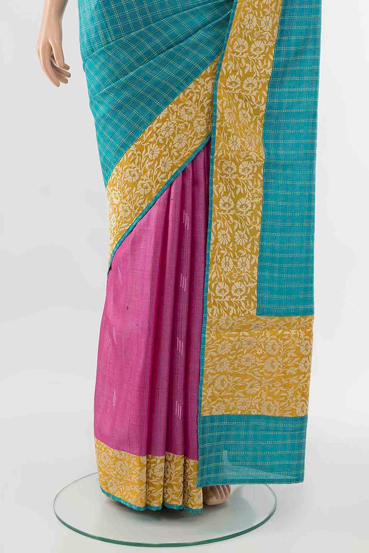 Pleats and pallu of Light Blue Tussar Silk Saree with Zari Butta on the body and Silk Border