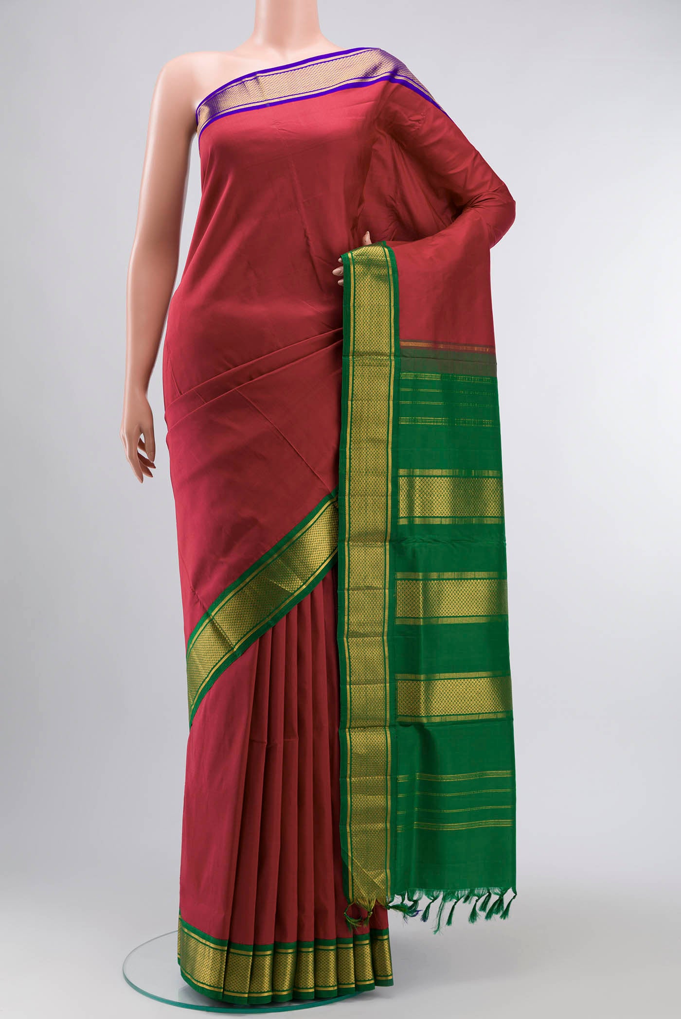 Pure Silk Pure Zari Maroon Kanchipuram Nine Yards Saree with Plain Body and Ganga Jamuna Border displayed on a mannequin