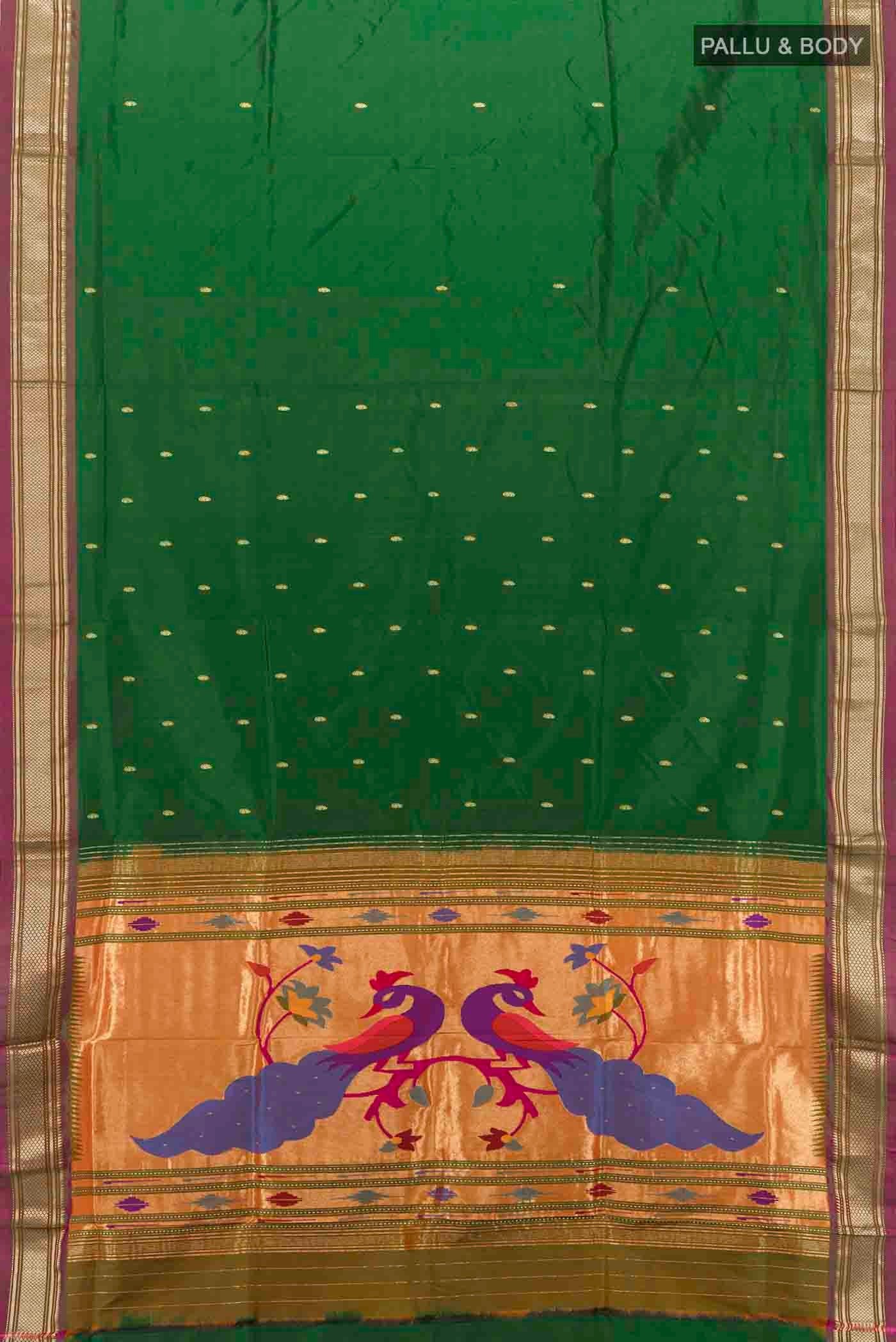Flat view of Bottle Green Paithani Silk Saree with Zari Butta on the body and Silk Border