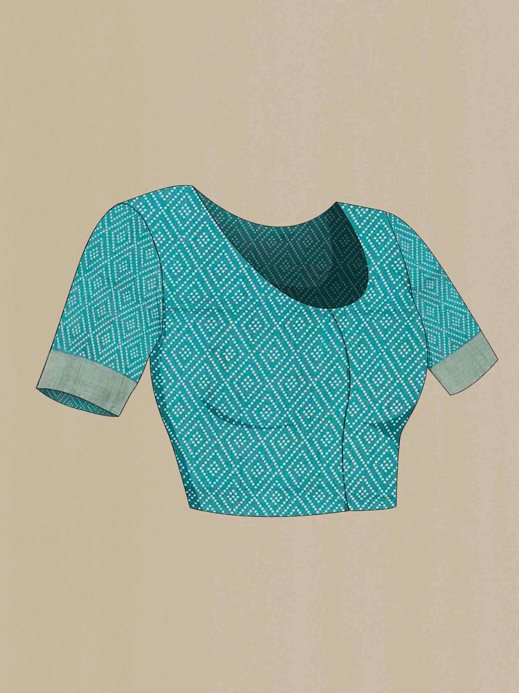 Close up image of the blouse of Blue Tussar Silk Saree with Ikat Print on the body and Zari Border