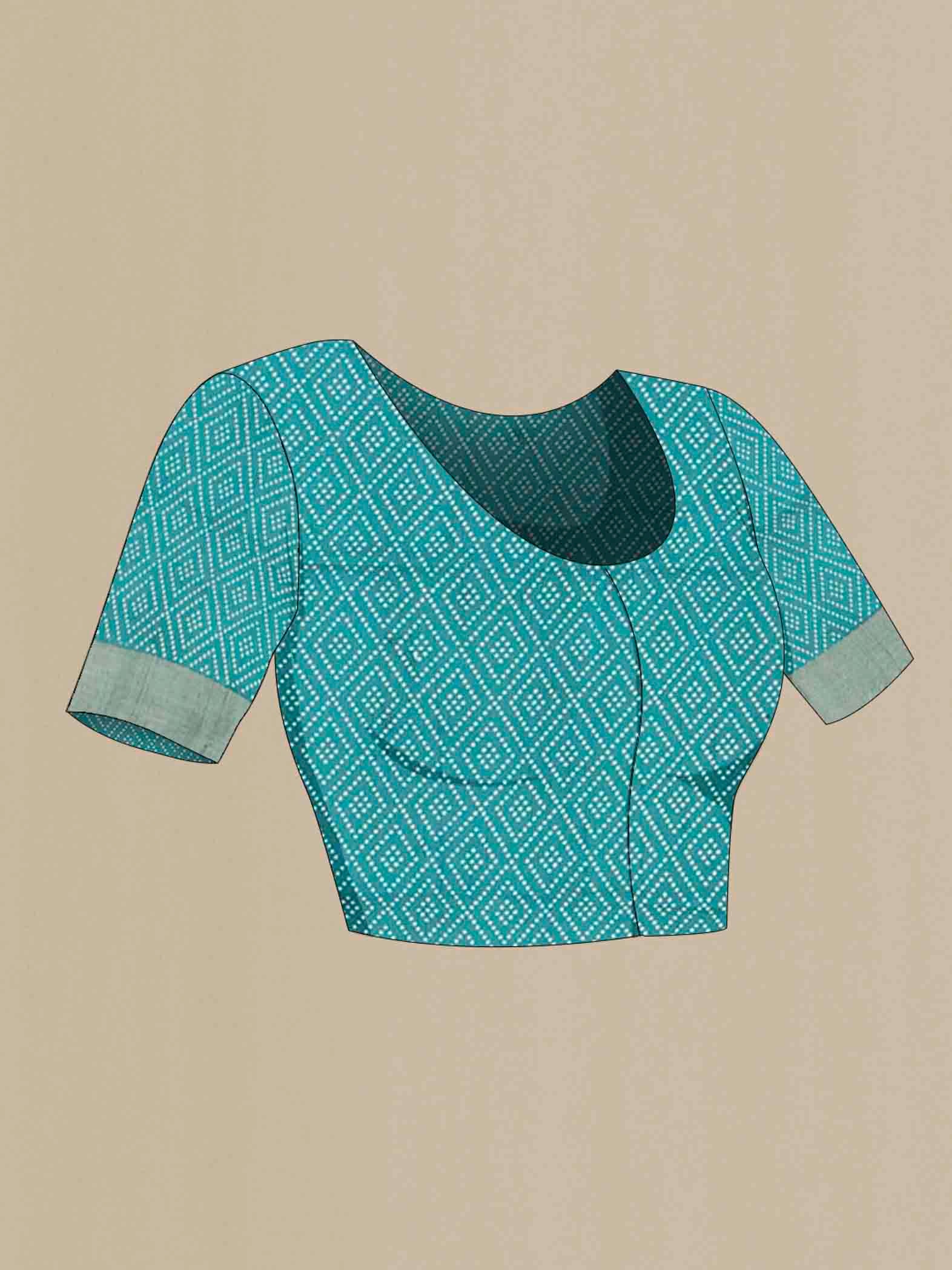 Close up image of the blouse of Blue Tussar Silk Saree with Ikat Print on the body and Zari Border