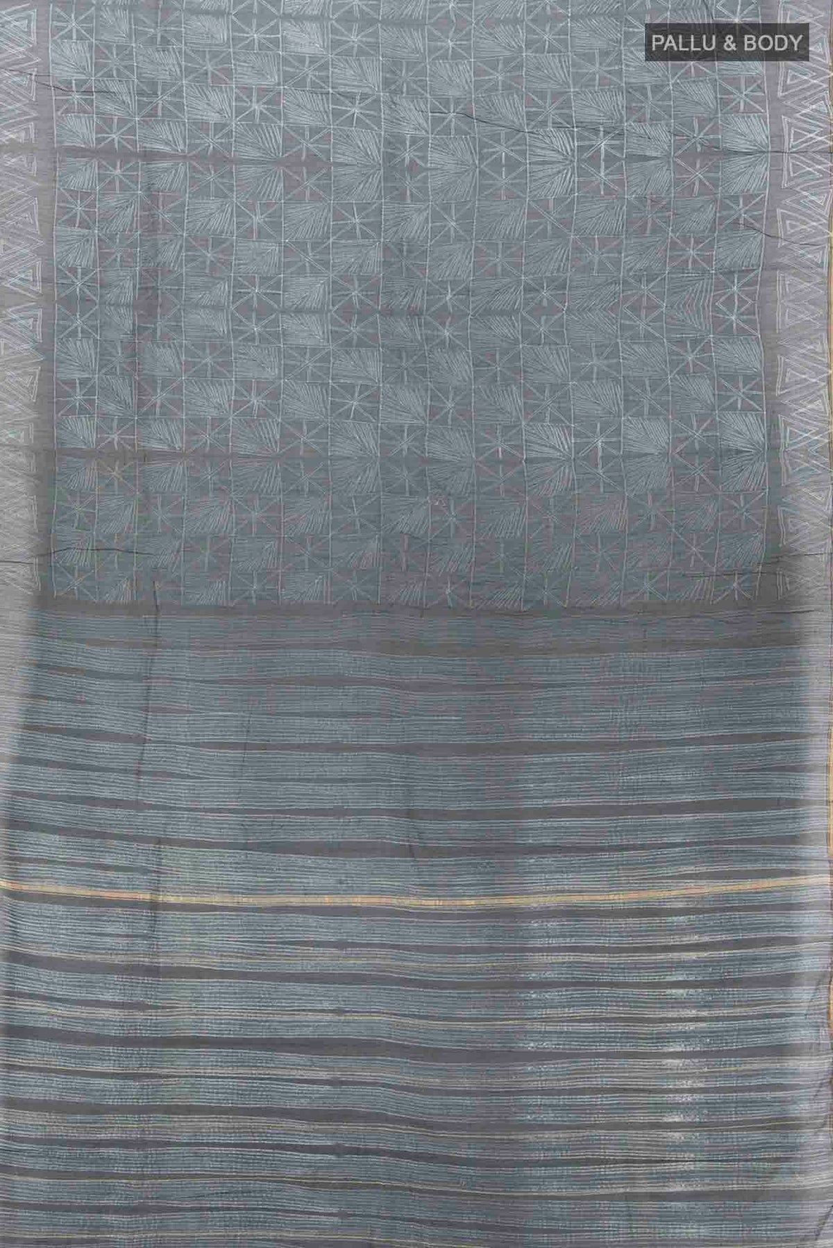 Flat view of Navy Blue Chanderi Silk Cotton Saree with Printed design on the body and Thin Zari Line