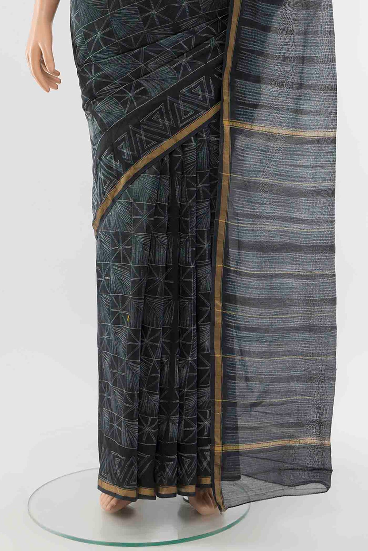 Pleats and pallu of Navy Blue Chanderi Silk Cotton Saree with Printed design on the body and Thin Zari Line