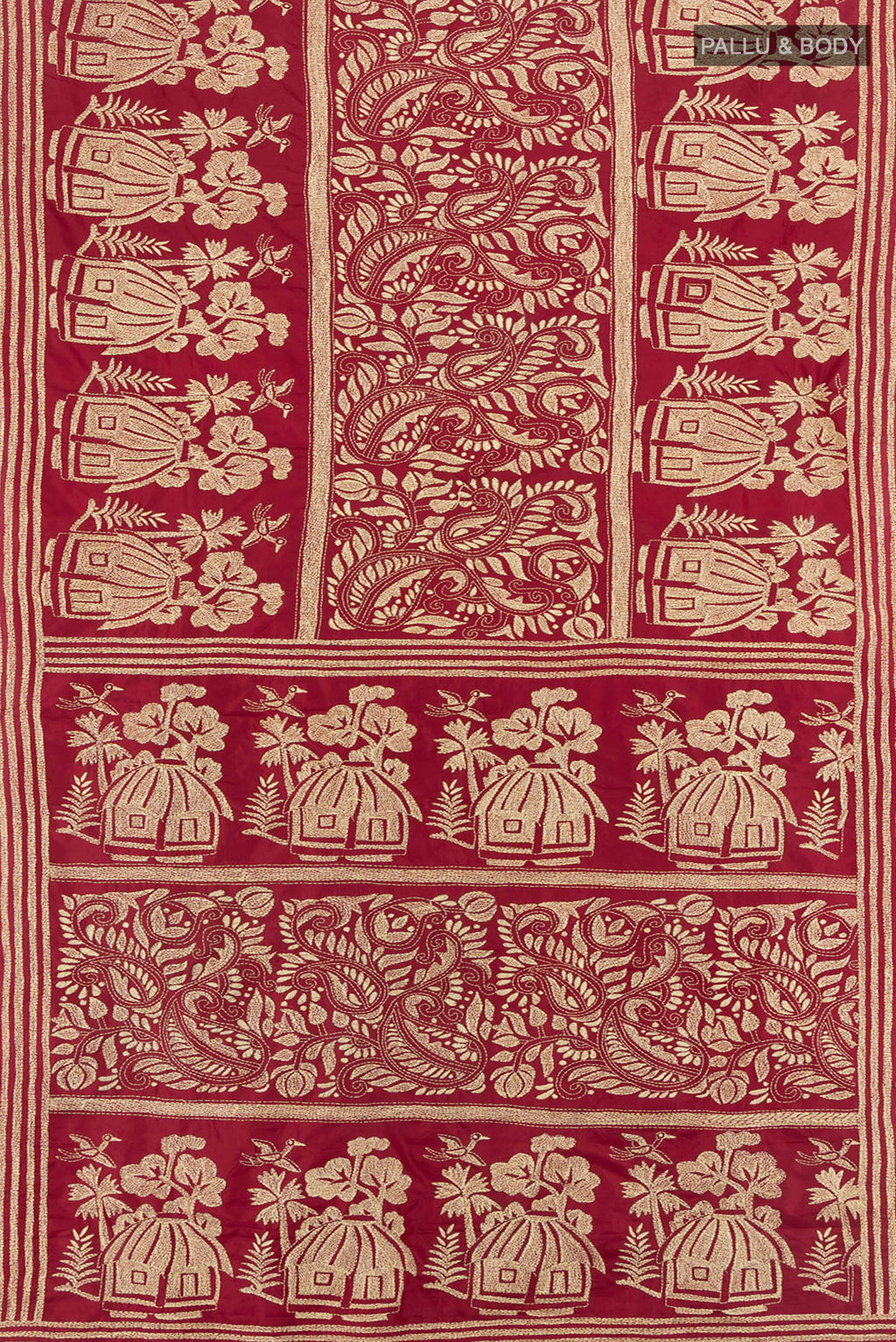Flat view of Maroon Kantha Silk Saree with Kantha Work on the body and Embroidery Border. 