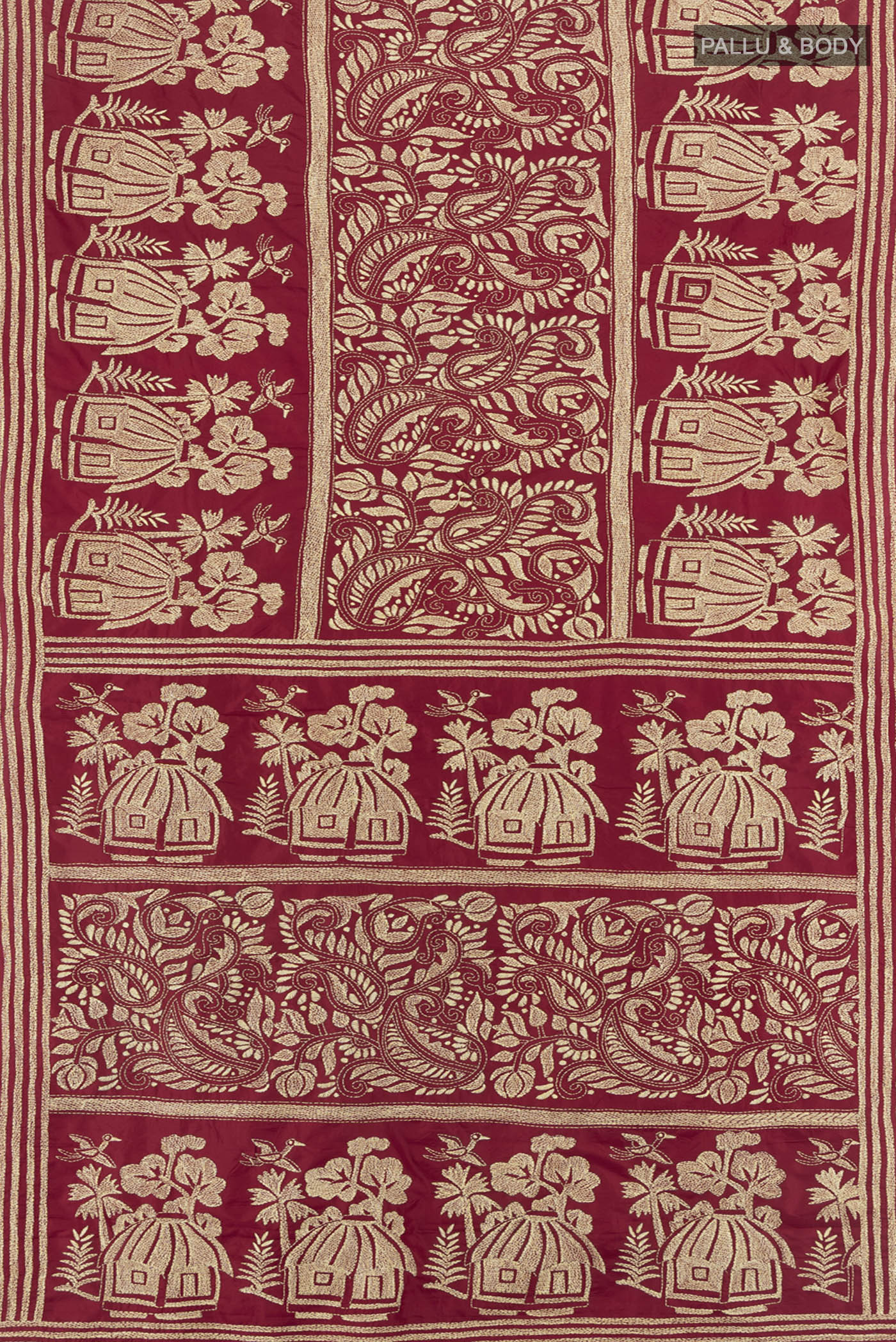 Flat view of Maroon Kantha Silk Saree with Kantha Work on the body and Embroidery Border. 