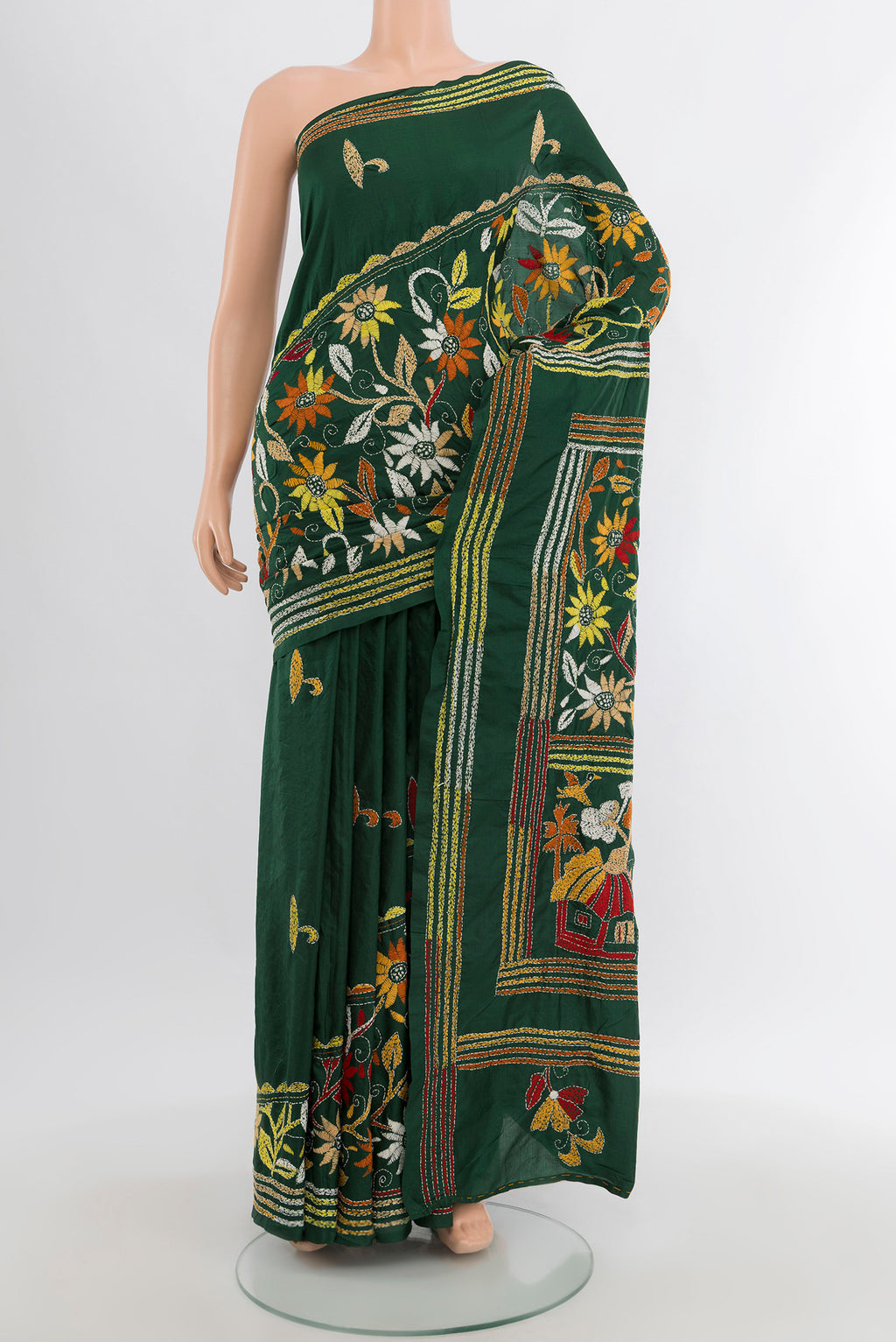Bottle Green Kantha Silk Saree with Kantha Work on the body and Embroidery Border.  displayed on a mannequin