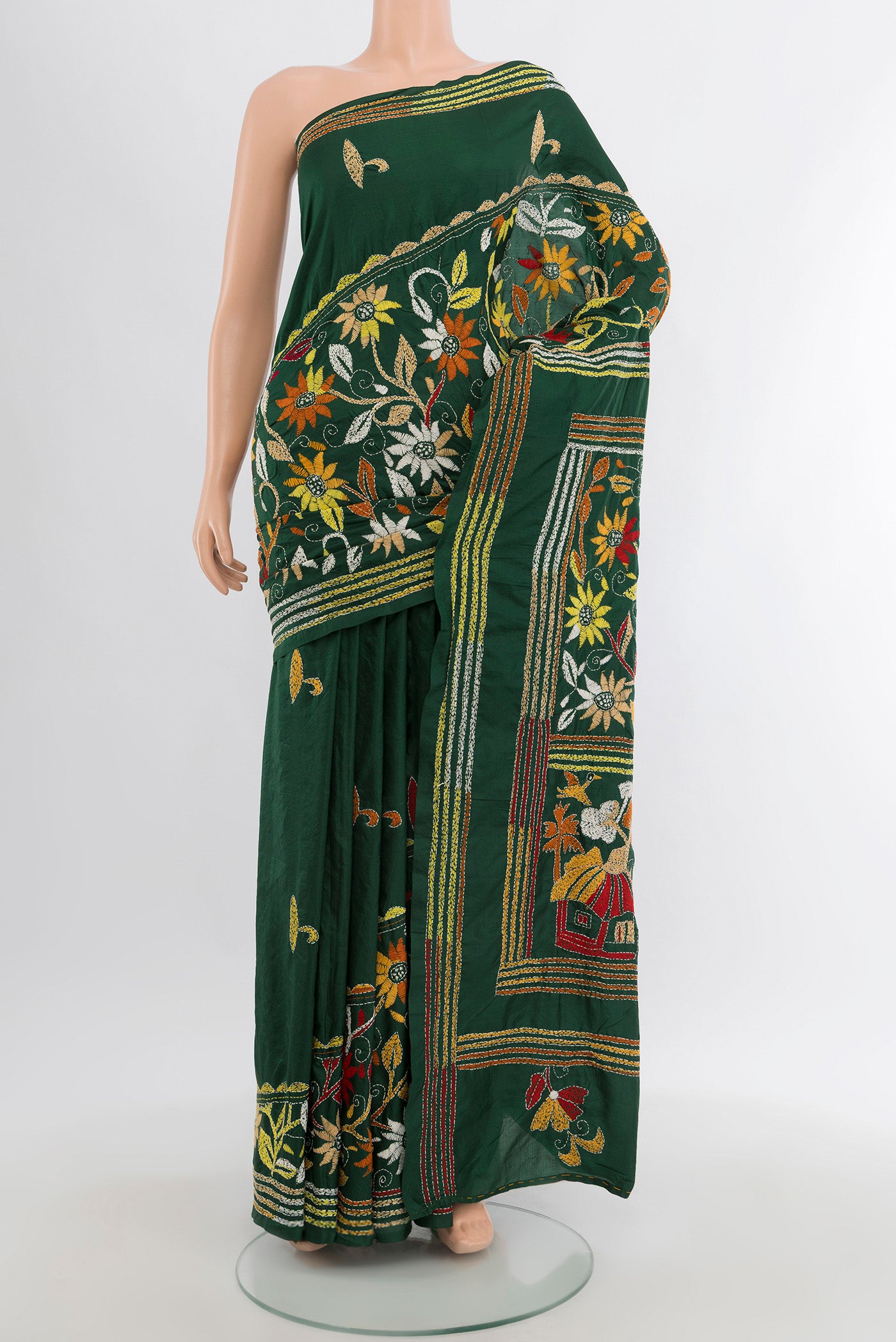 Bottle Green Kantha Silk Saree with Kantha Work on the body and Embroidery Border.  displayed on a mannequin
