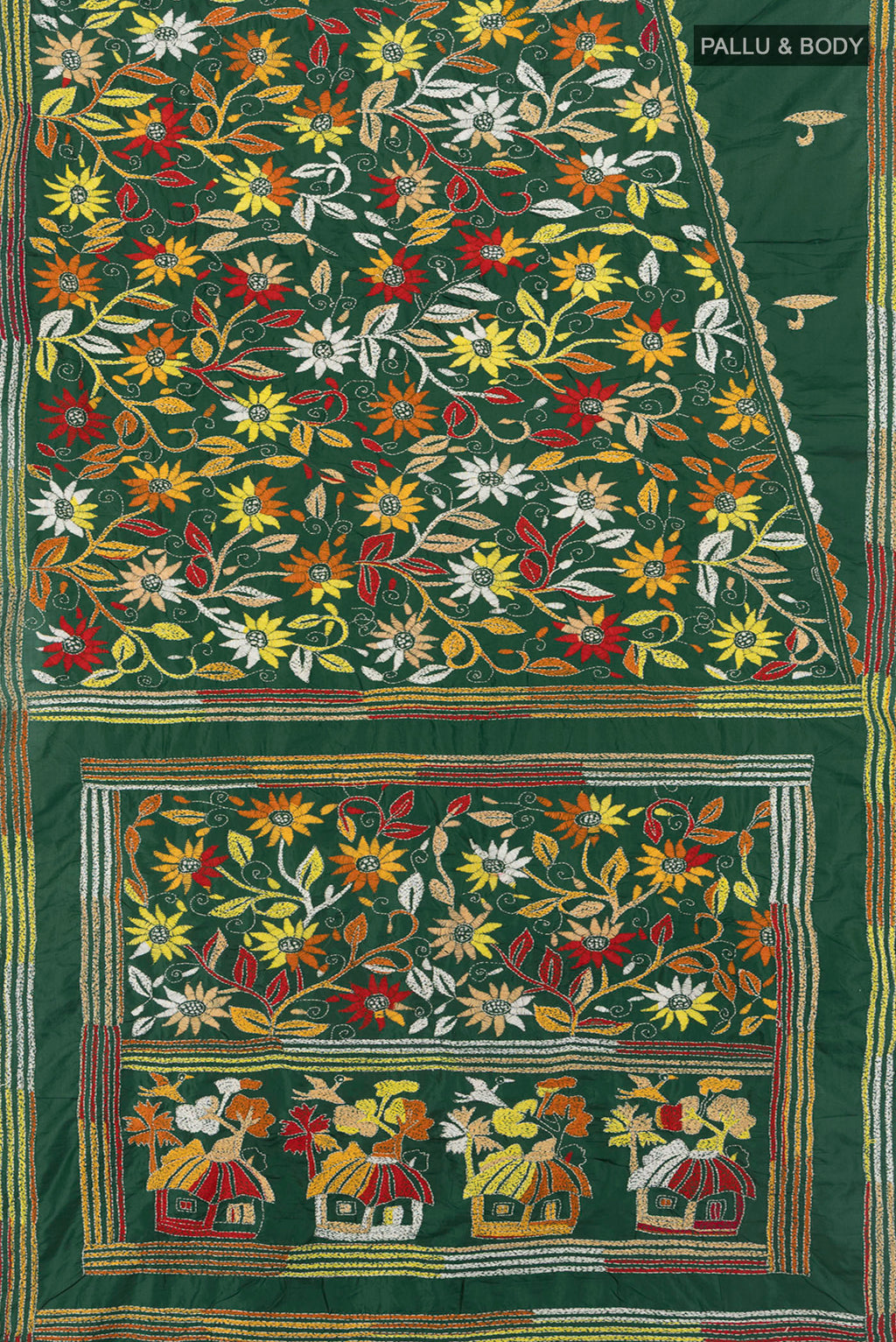 Flat view of Bottle Green Kantha Silk Saree with Kantha Work on the body and Embroidery Border. 