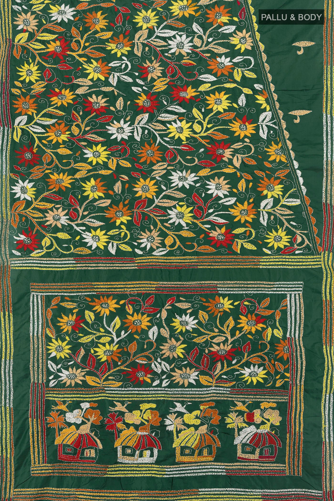 Flat view of Bottle Green Kantha Silk Saree with Kantha Work on the body and Embroidery Border. 