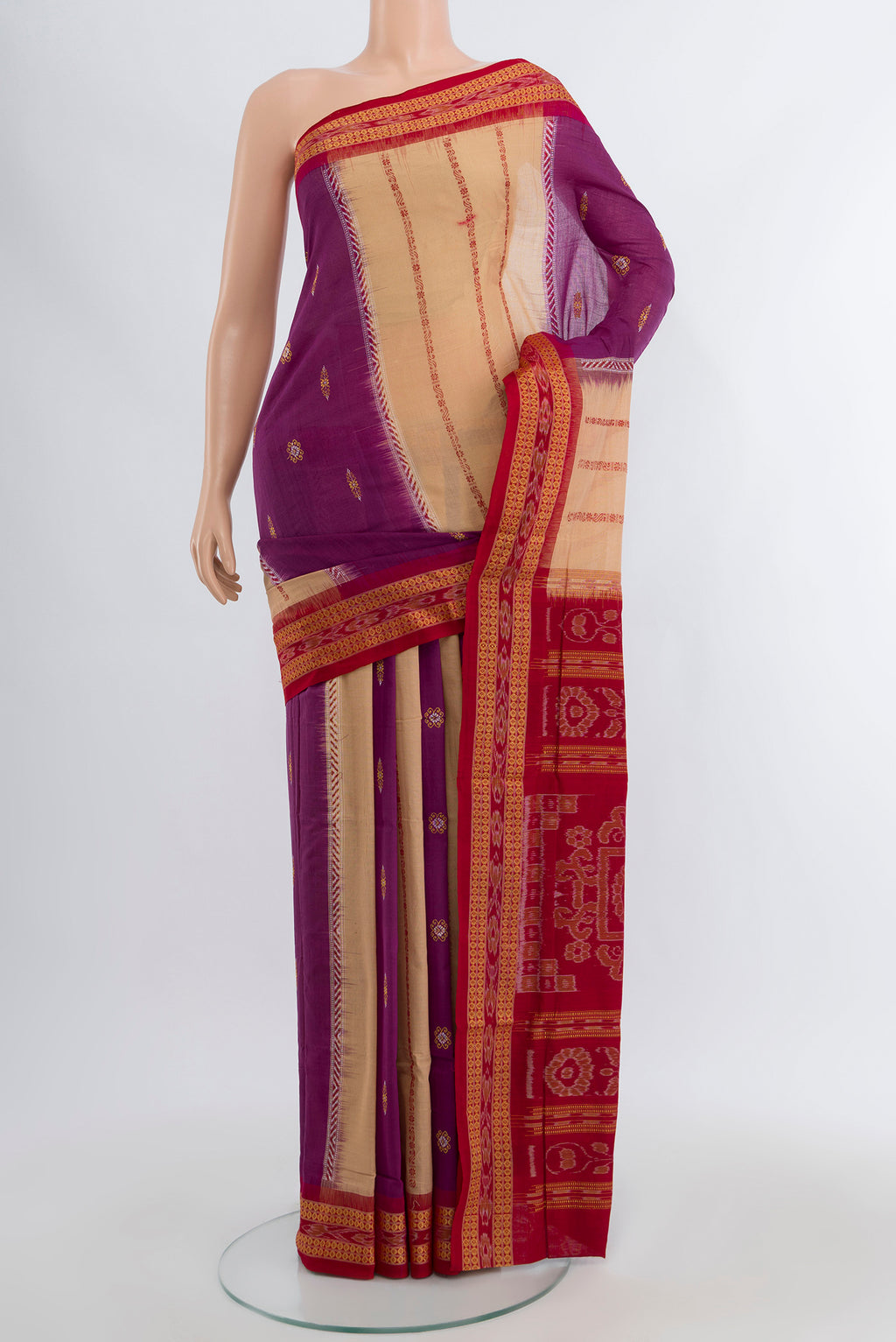 Multi Color Orissa Cotton Saree with Ikat design on the body and Thread Border.  displayed on a mannequin