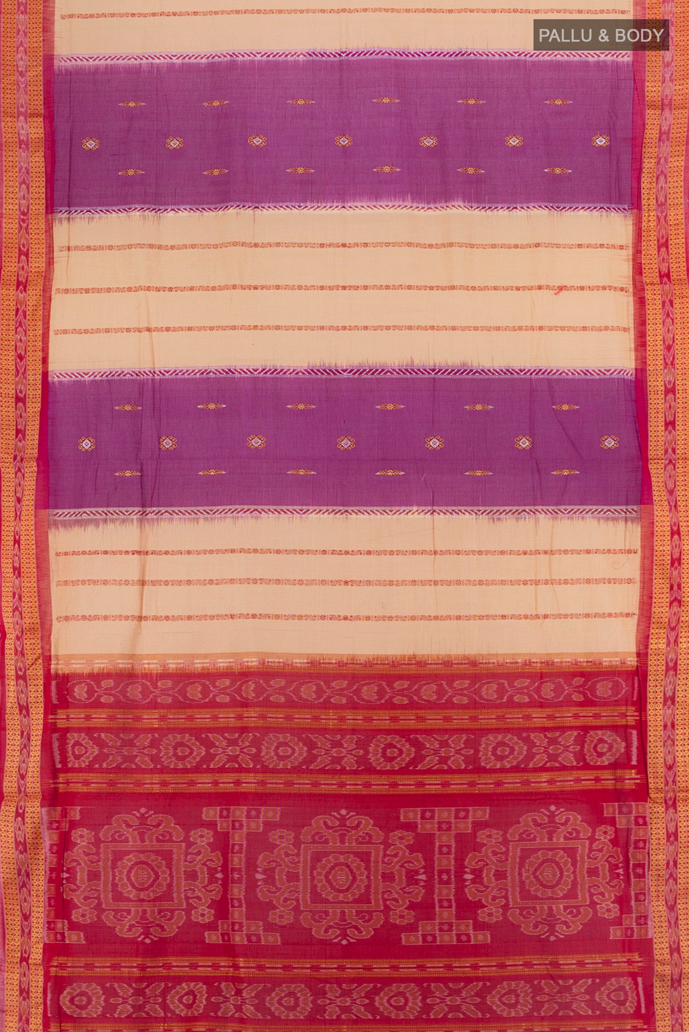 Flat view of Multi Color Orissa Cotton Saree with Ikat design on the body and Thread Border. 