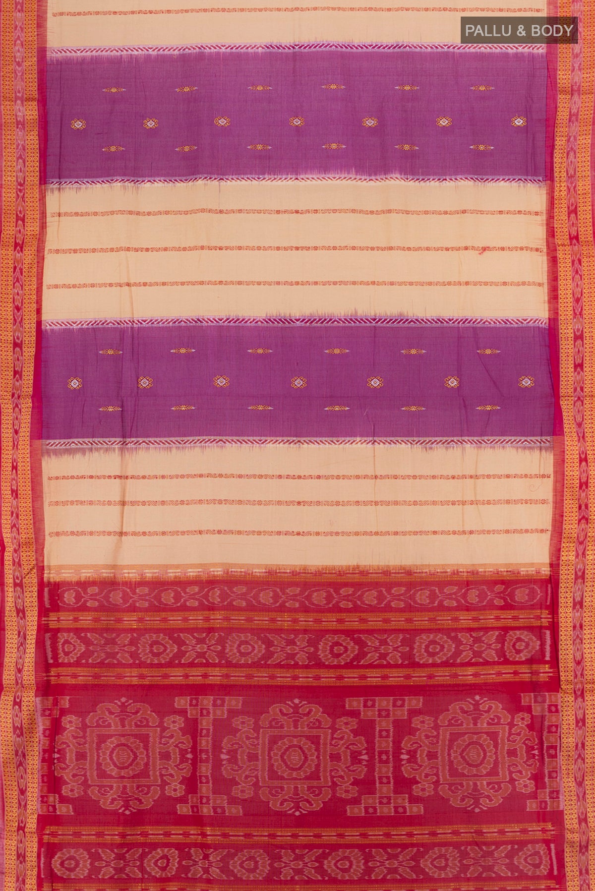 Flat view of Multi Color Orissa Cotton Saree with Ikat design on the body and Thread Border. 