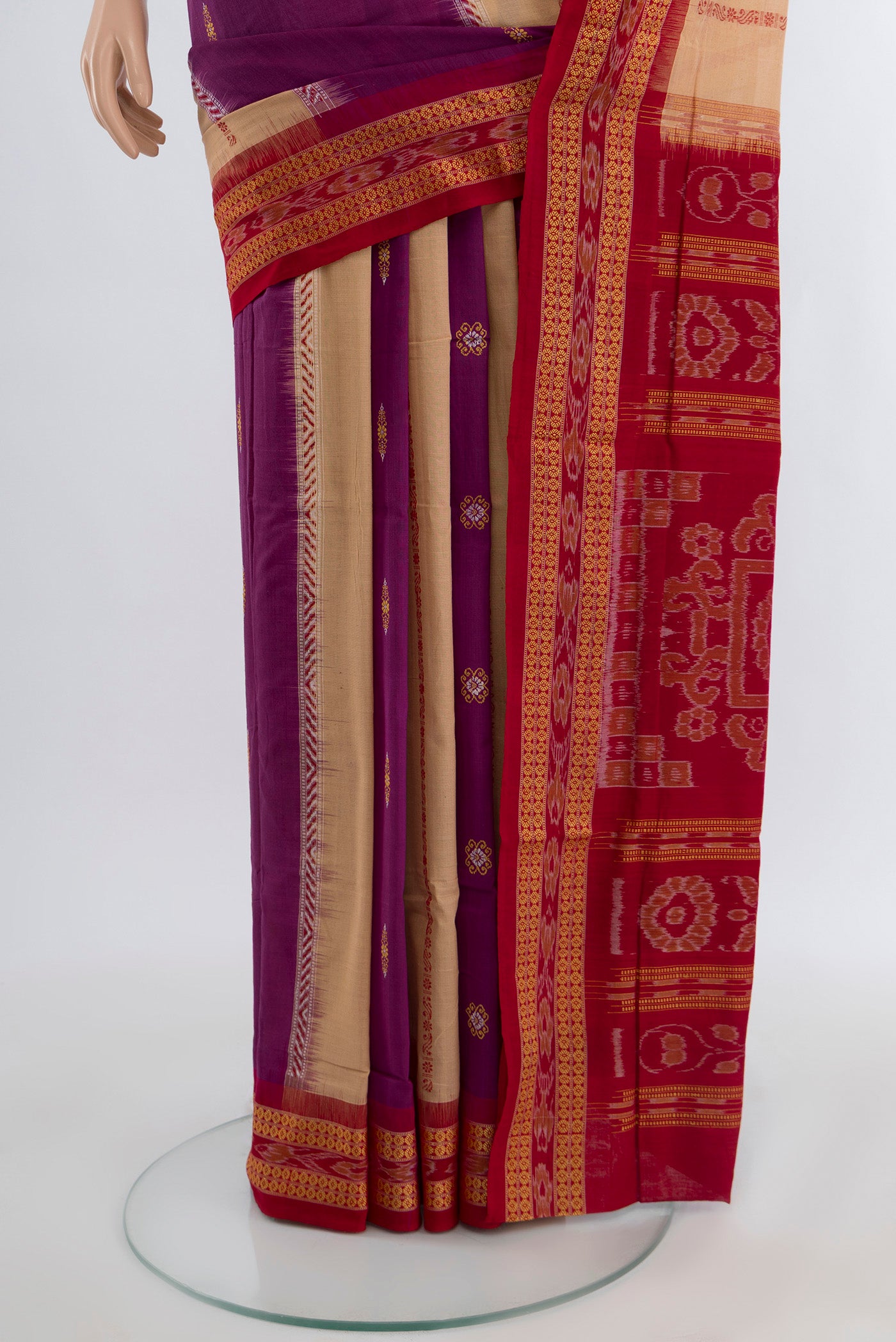 Pleats and pallu of Multi Color Orissa Cotton Saree with Ikat design on the body and Thread Border. 