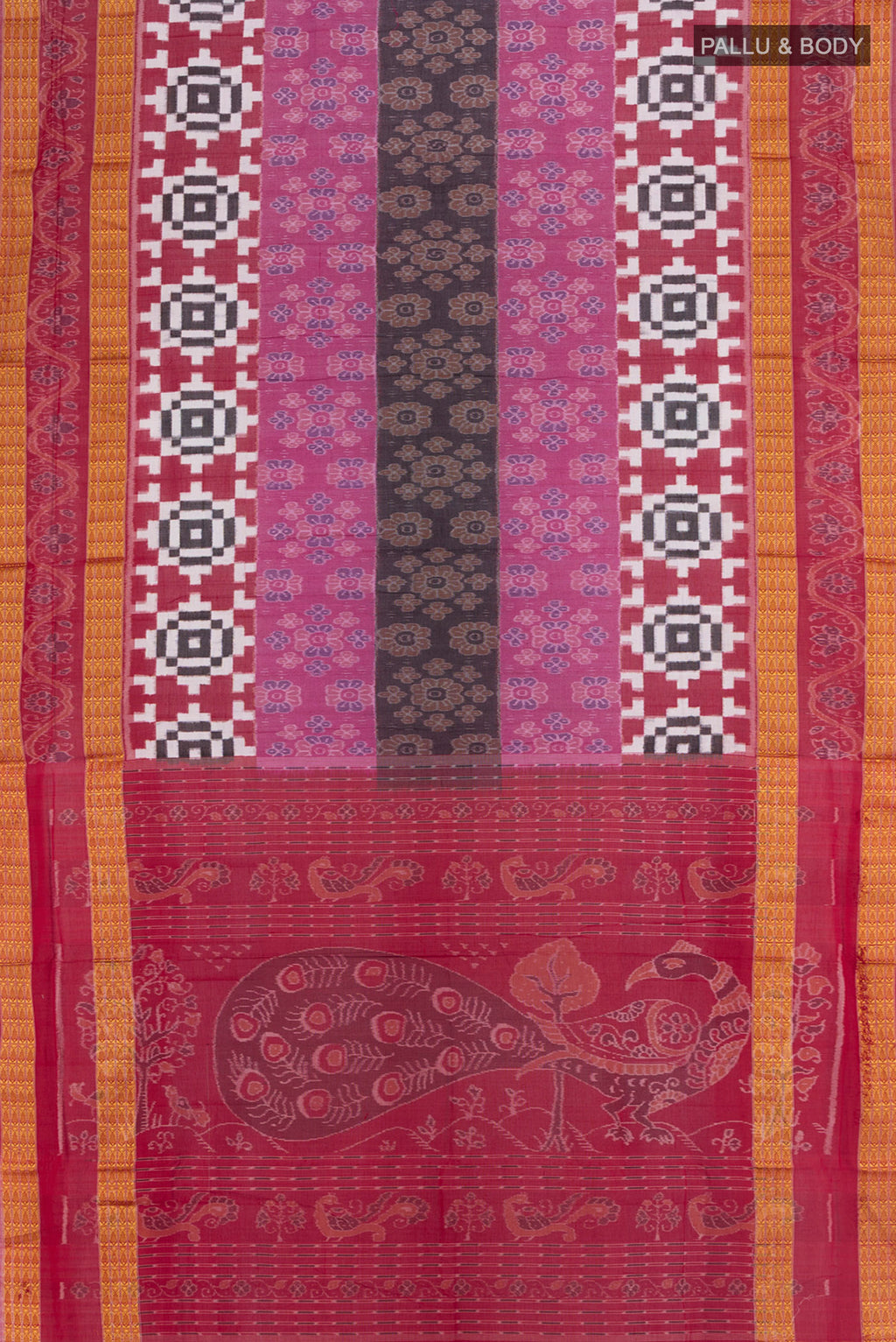 Flat view of Multi Color Orissa Silk Saree with Ikat Print on the body and Silk Border. 