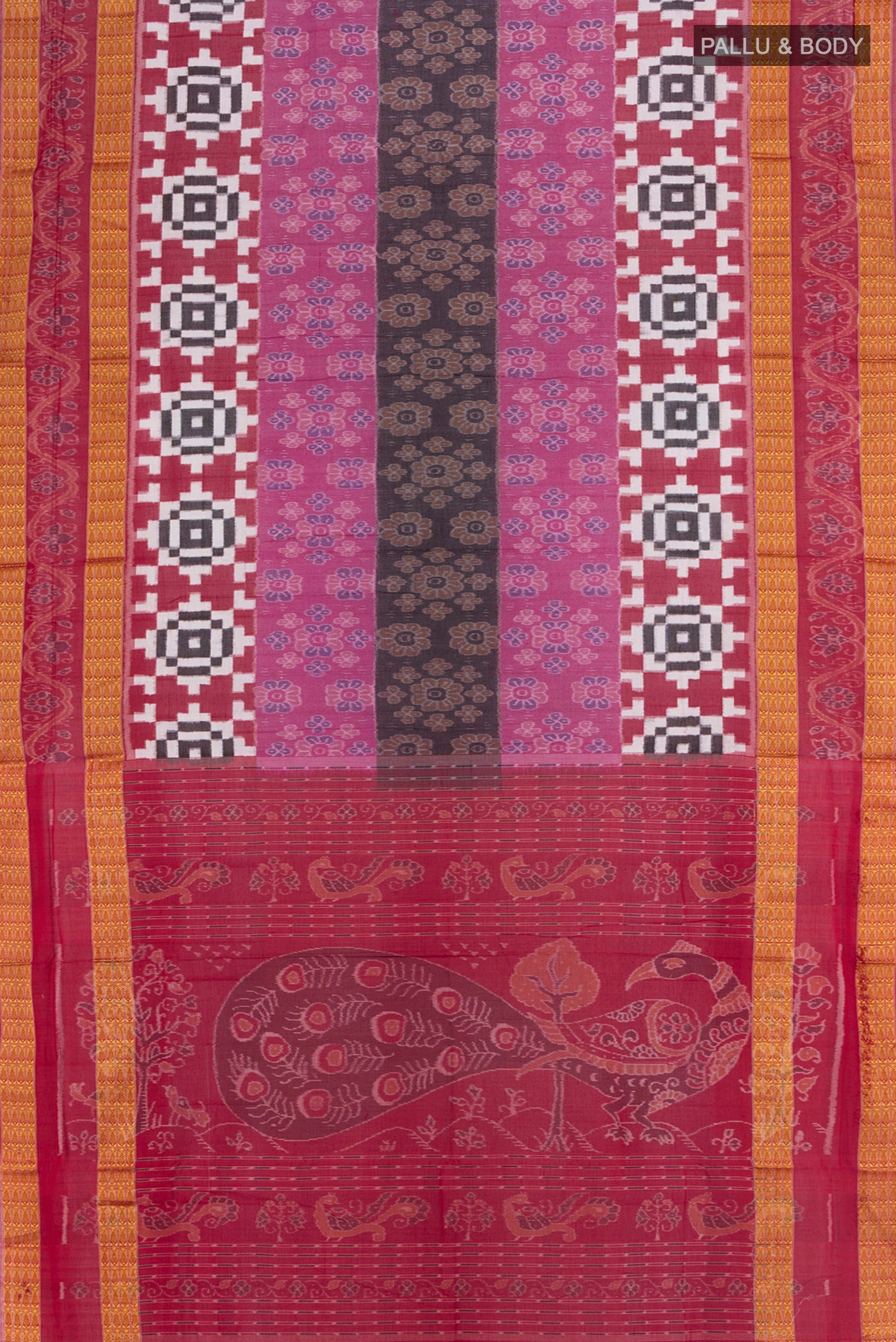 Flat view of Multi Color Orissa Silk Saree with Ikat Print on the body and Silk Border. 