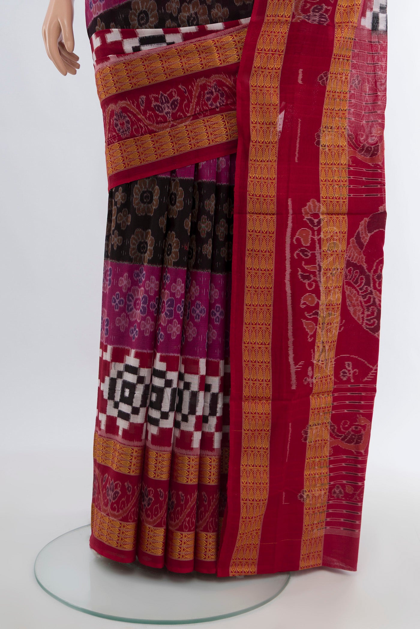 Pleats and pallu of Multi Color Orissa Silk Saree with Ikat Print on the body and Silk Border. 