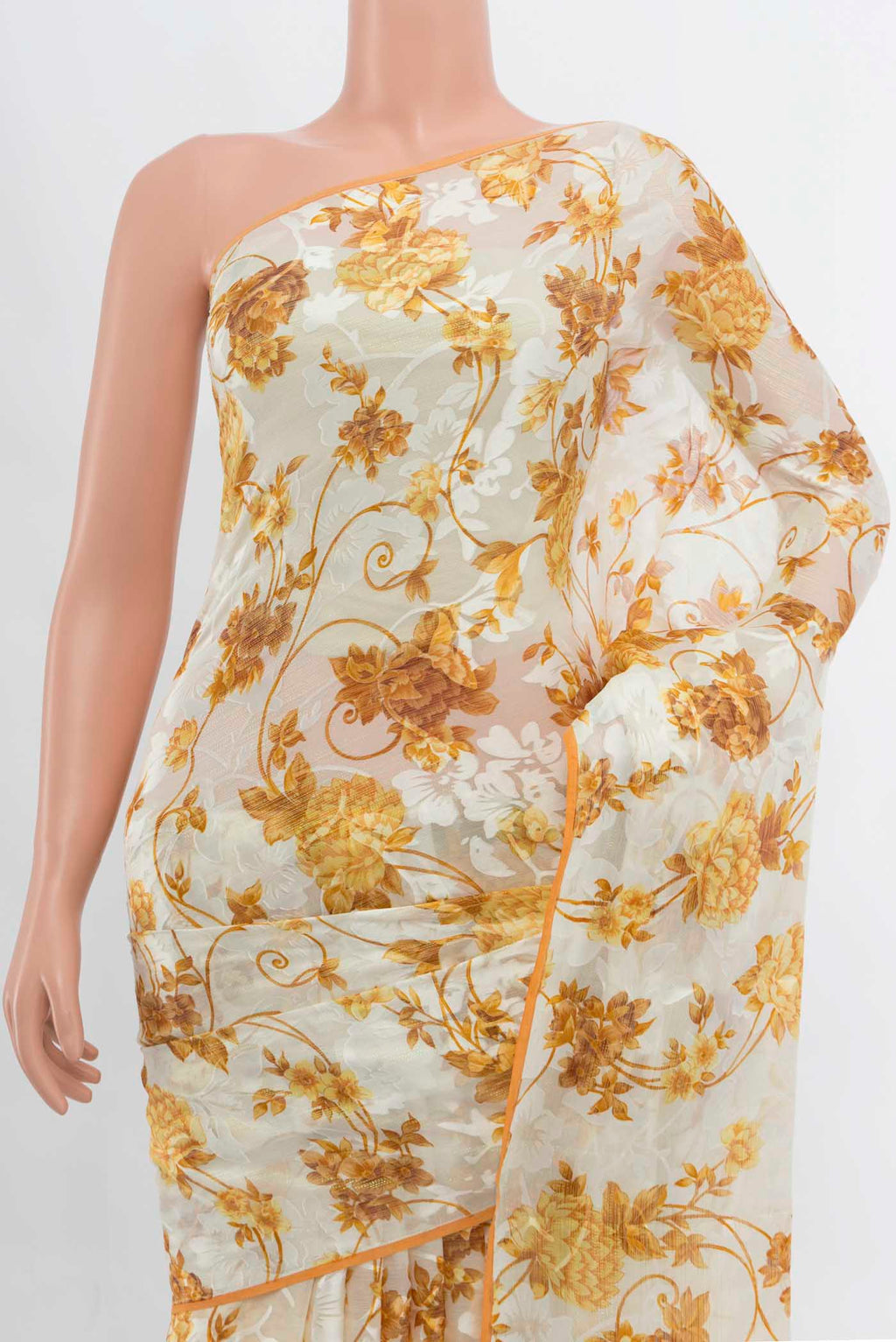 Border image of Off White Chiffon Saree with Zari Butta on the body and Silk Border. 