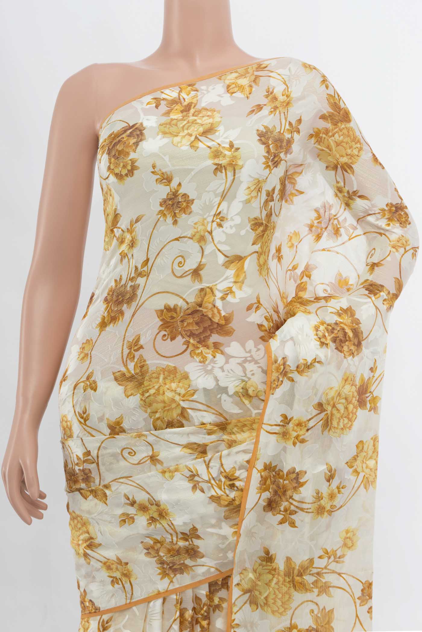 Border image of Off White Chiffon Saree with Zari Butta on the body and Silk Border. 