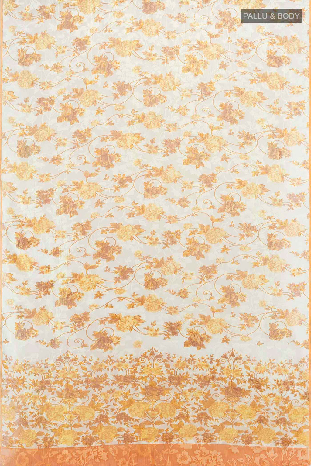 Flat view of Off White Chiffon Saree with Zari Butta on the body and Silk Border. 