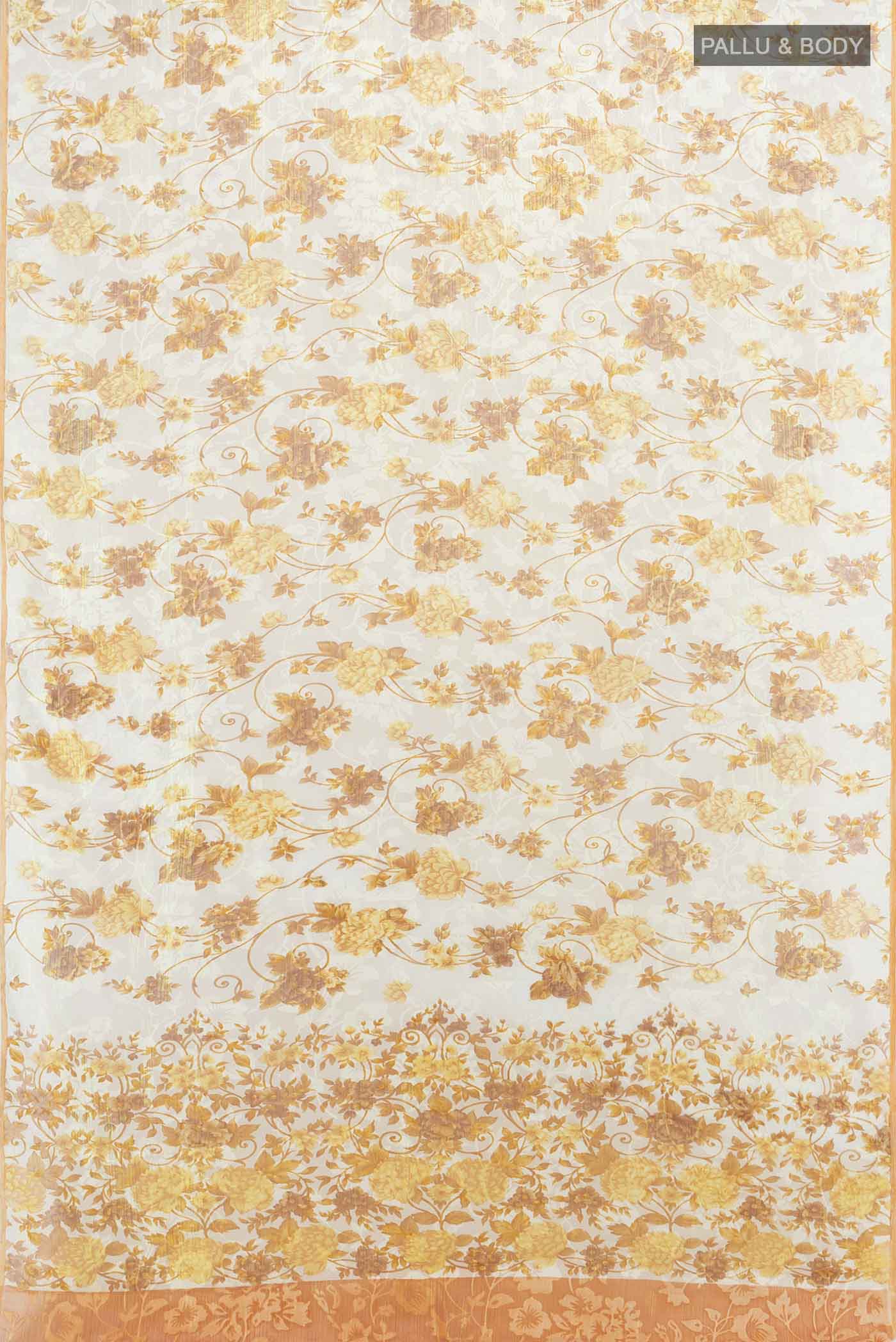 Flat view of Off White Chiffon Saree with Zari Butta on the body and Silk Border. 