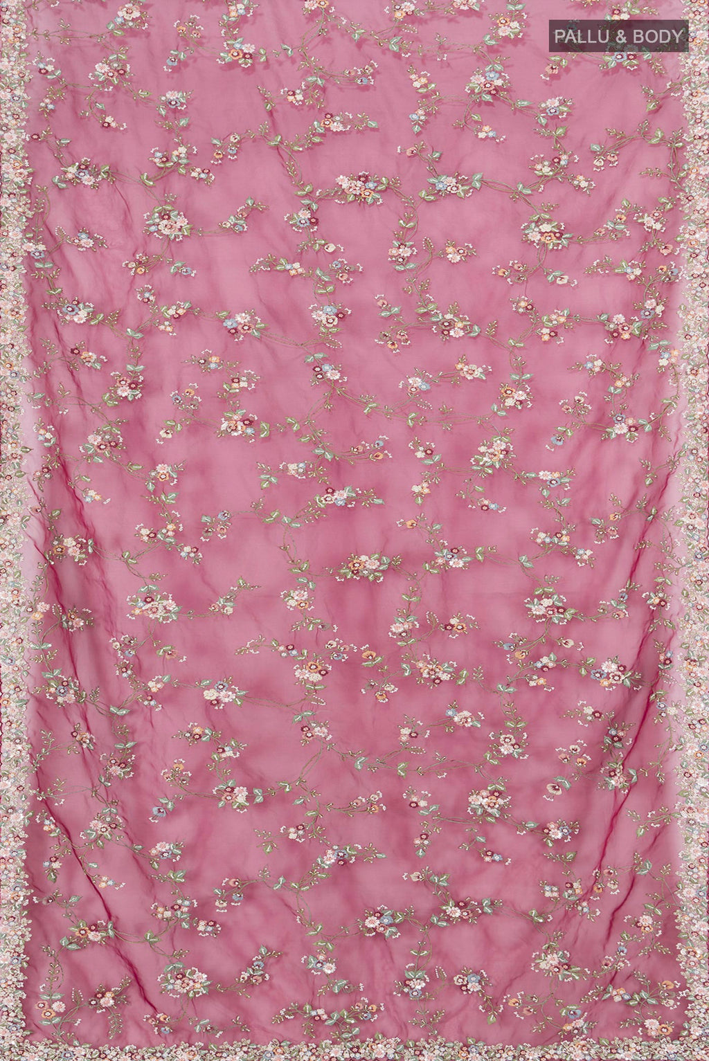 Flat view of Maroon Embroidery Net Saree with Embroidery on the body and Embroidery Border. 