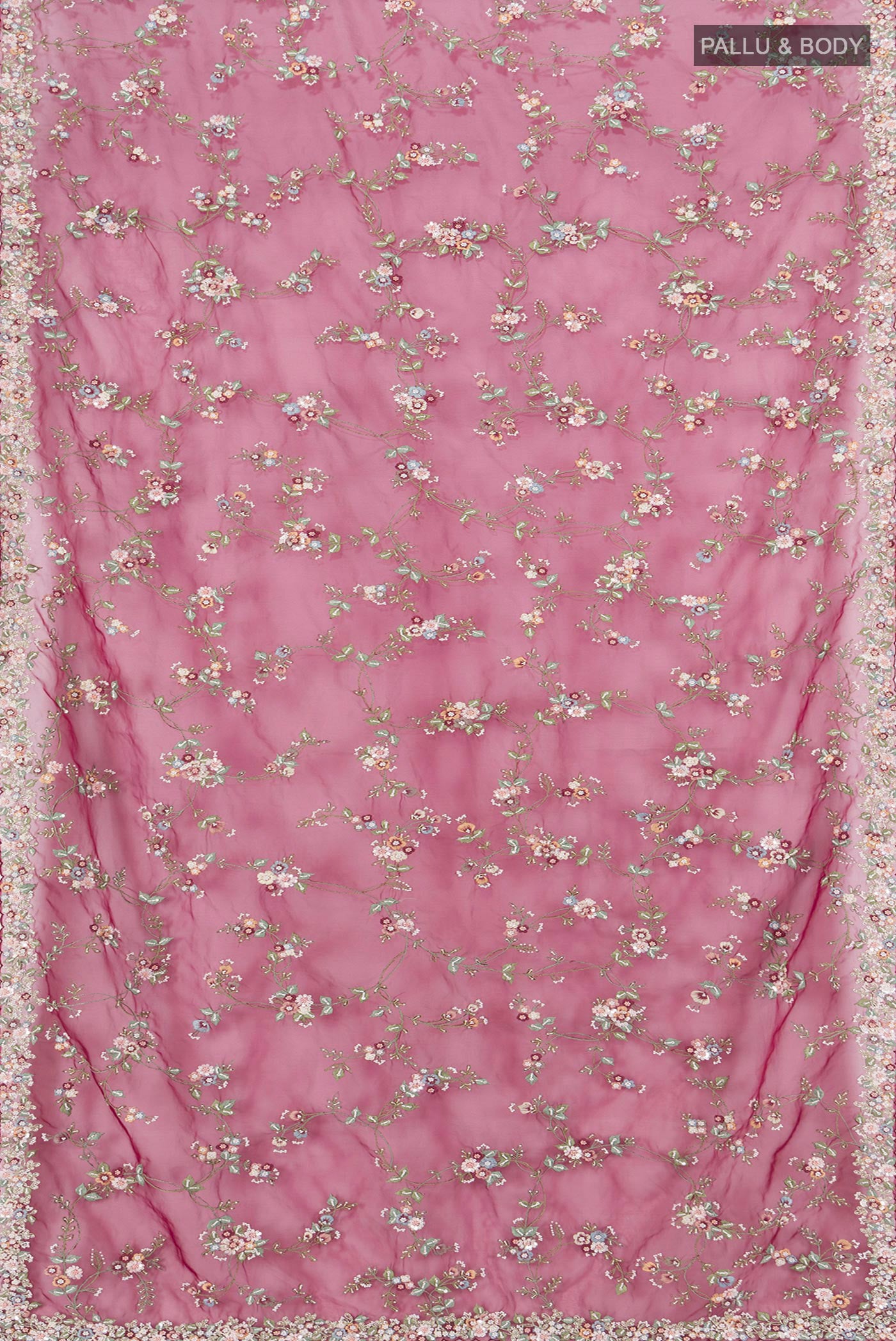 Flat view of Maroon Embroidery Net Saree with Embroidery on the body and Embroidery Border. 