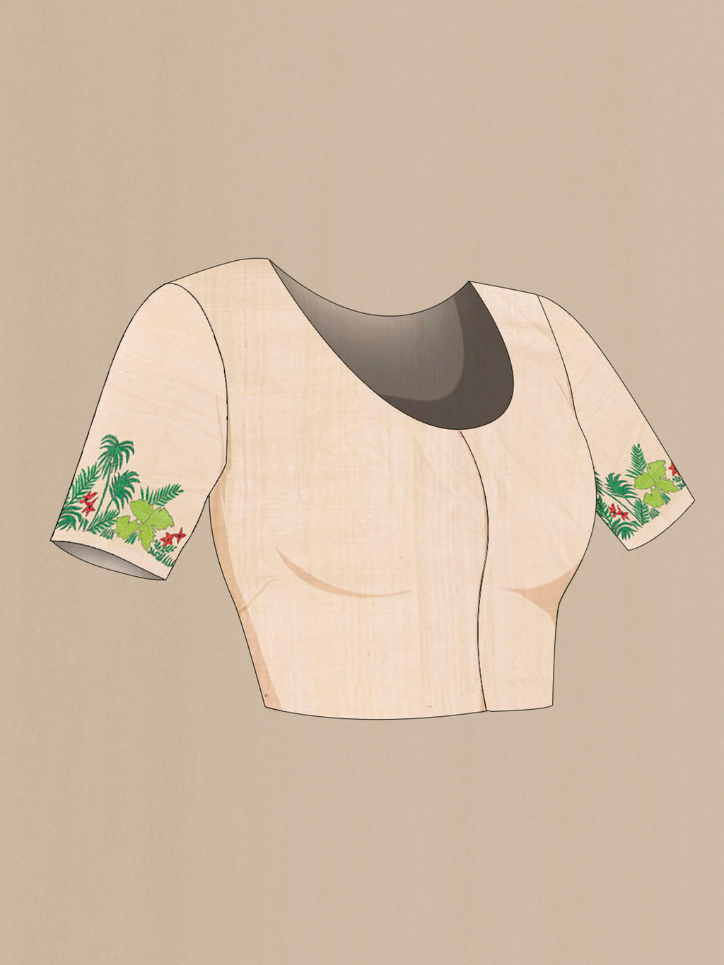 Close up image of the blouse of Cream Tussar Silk Saree with Embroidery on the body and Silk Border