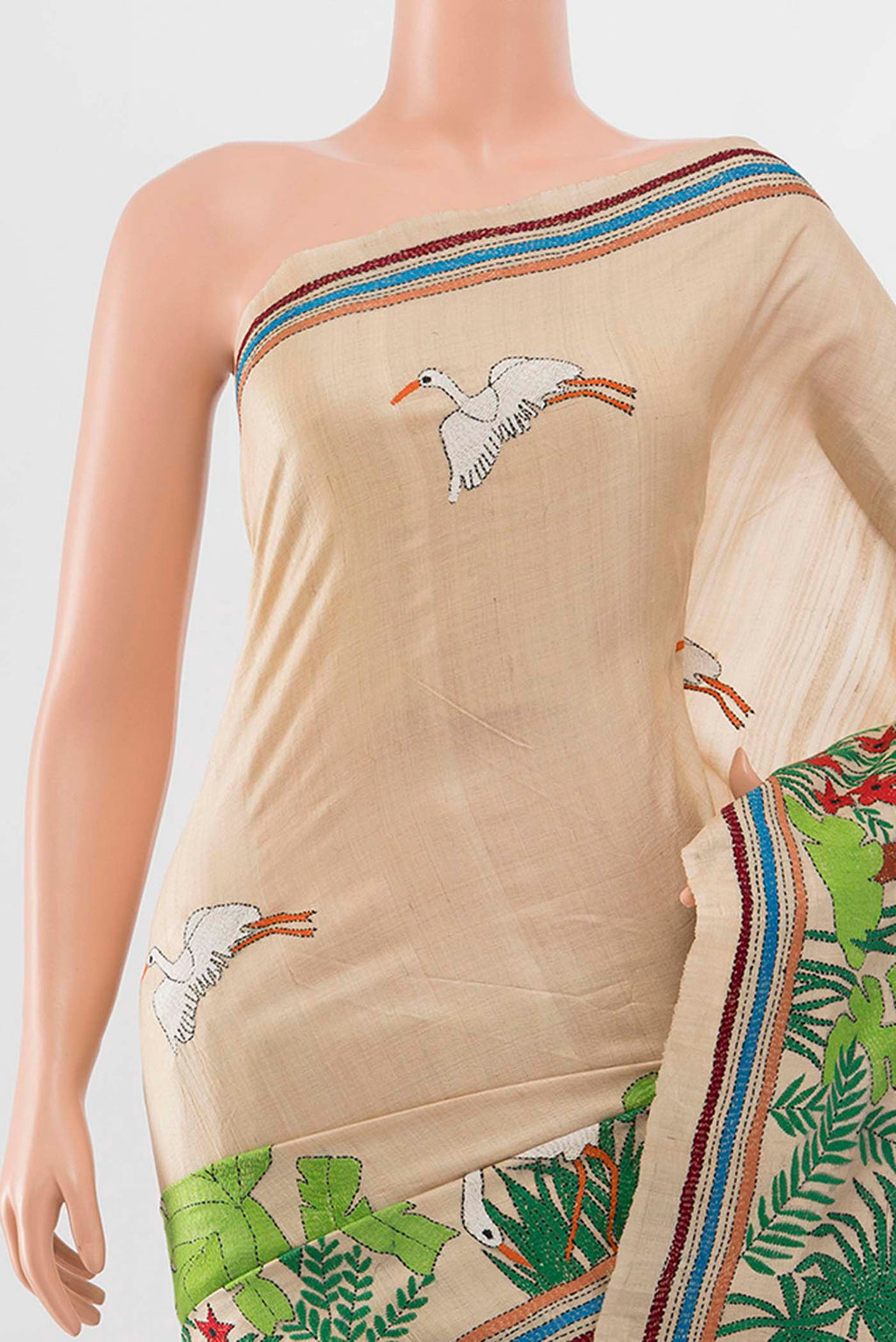 Border image of Cream Tussar Silk Saree with Embroidery on the body and Silk Border