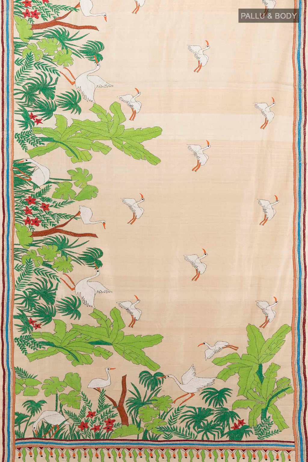 Flat view of Cream Tussar Silk Saree with Embroidery on the body and Silk Border