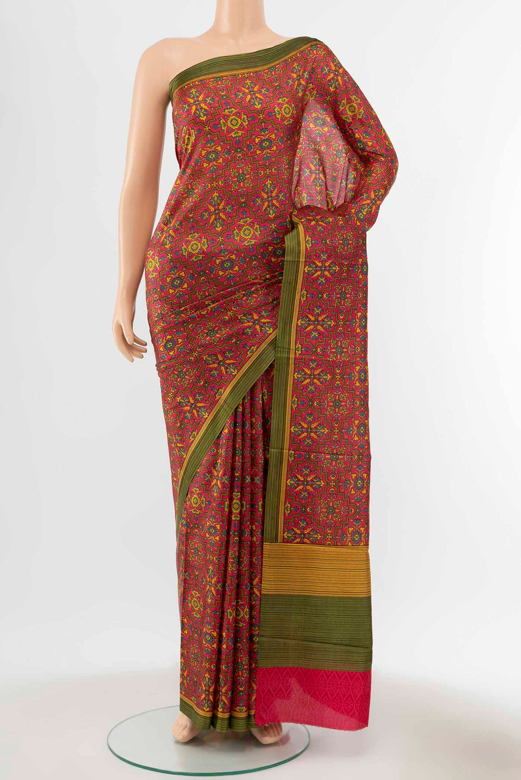 Pink Printed Silk Saree with Printed design on the body and Plain Border displayed on a mannequin