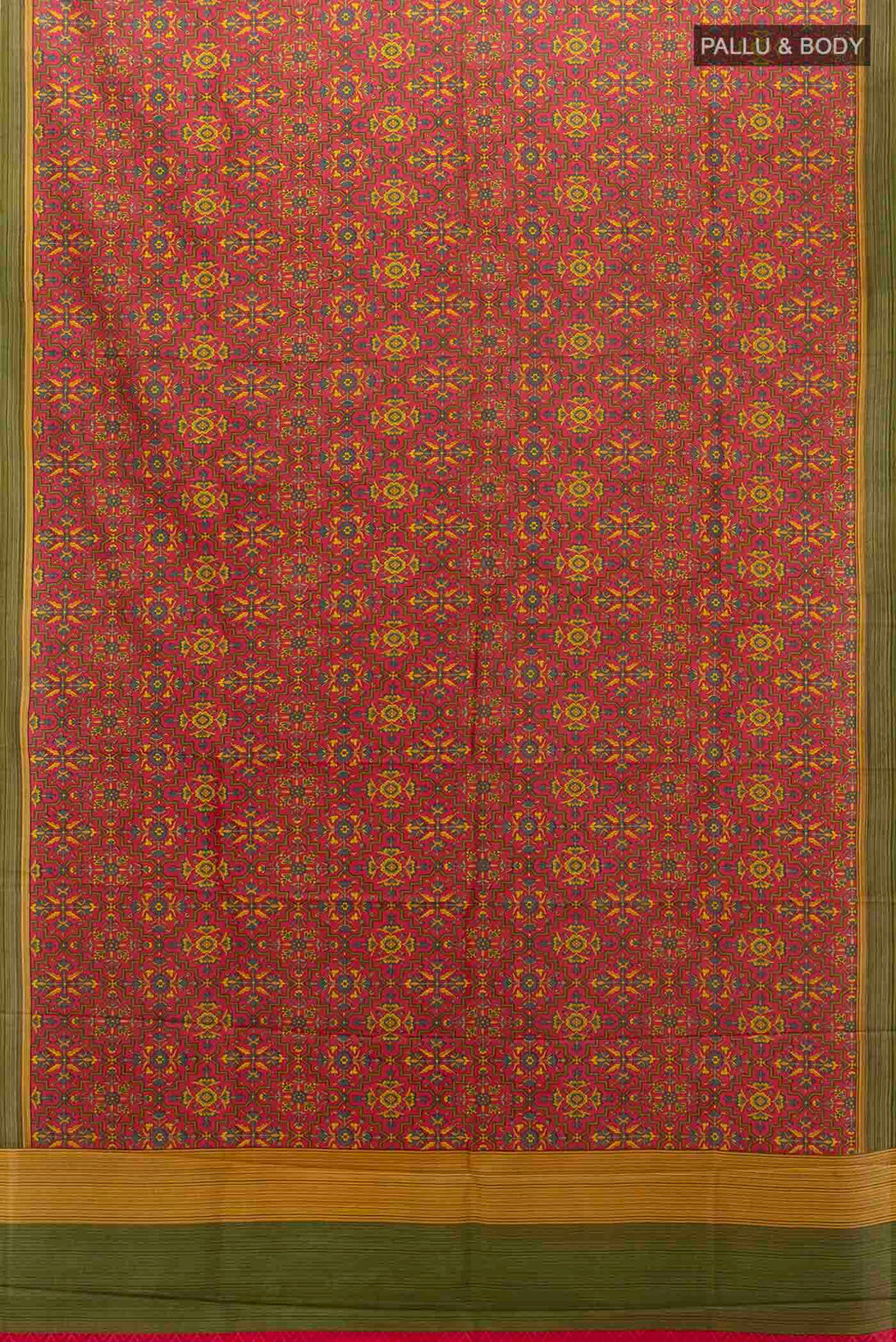 Flat view of Pink Printed Silk Saree with Printed design on the body and Plain Border
